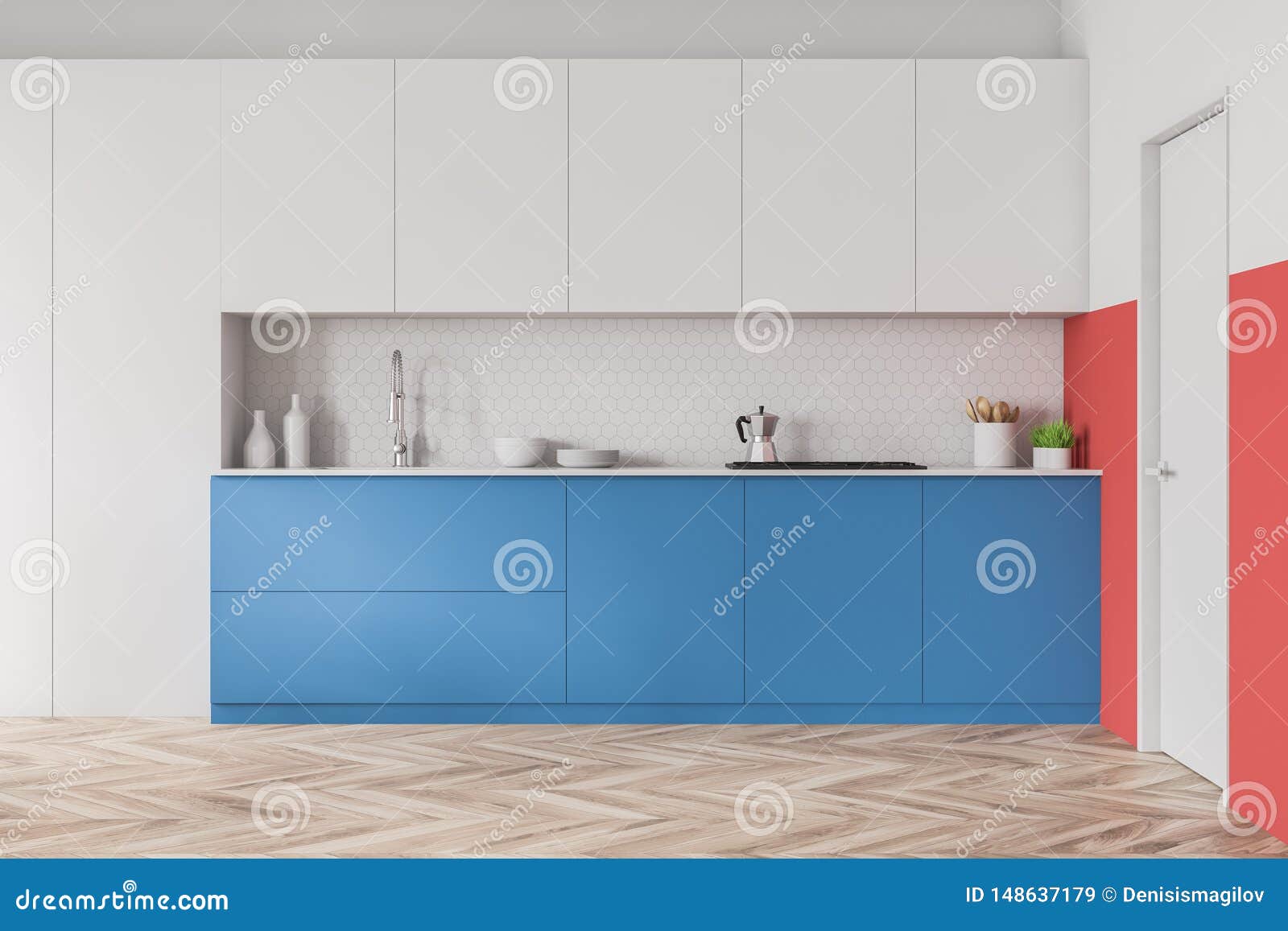 Close Up Of White Kitchen With Blue Counters Stock Illustration