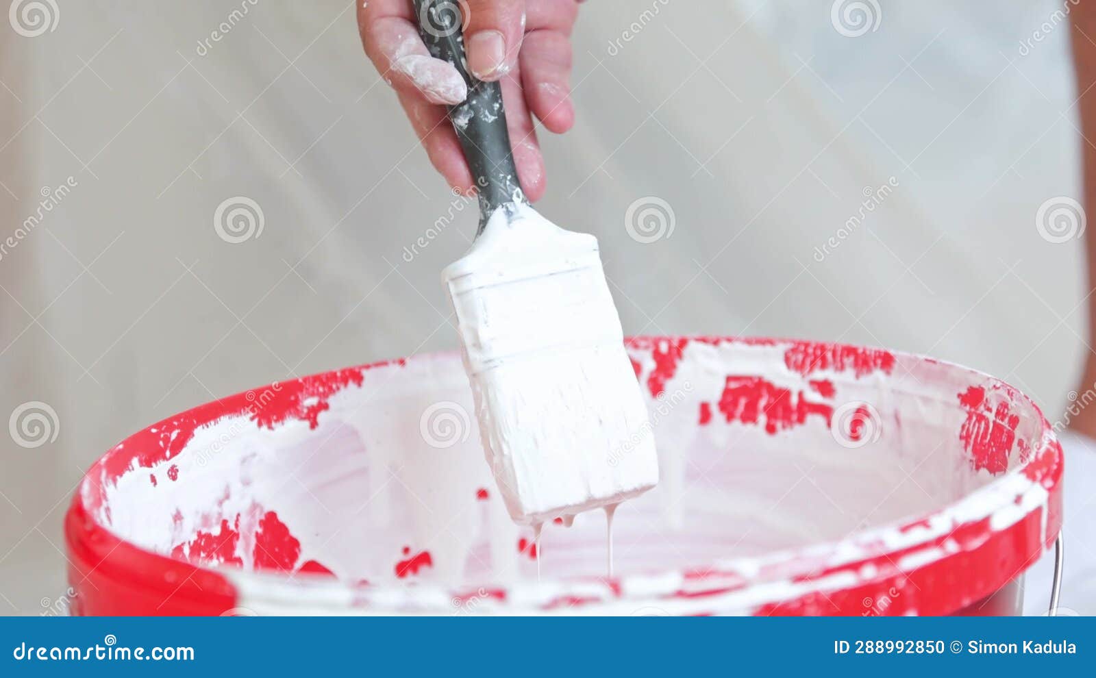 Close Up of White Paint Dripping from a Brush, Process of Preparing To