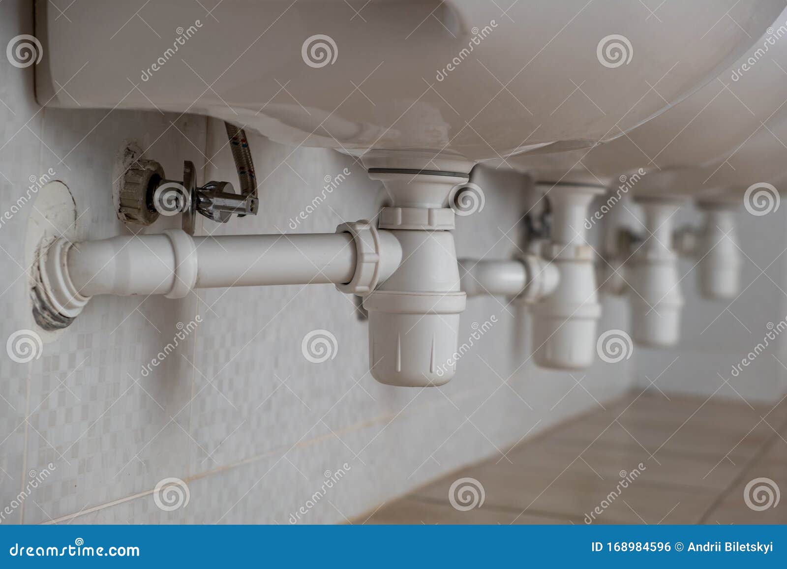 Close Up Of White Plastic Pipe Drain Under Washing Sink In Bathroom Stock Photo Image of