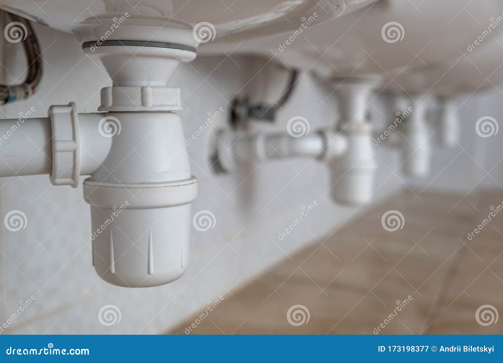 Close Up Of White Plastic Pipe Drain Under Washing Sink In Bathroom Stock Image Image Of Repair