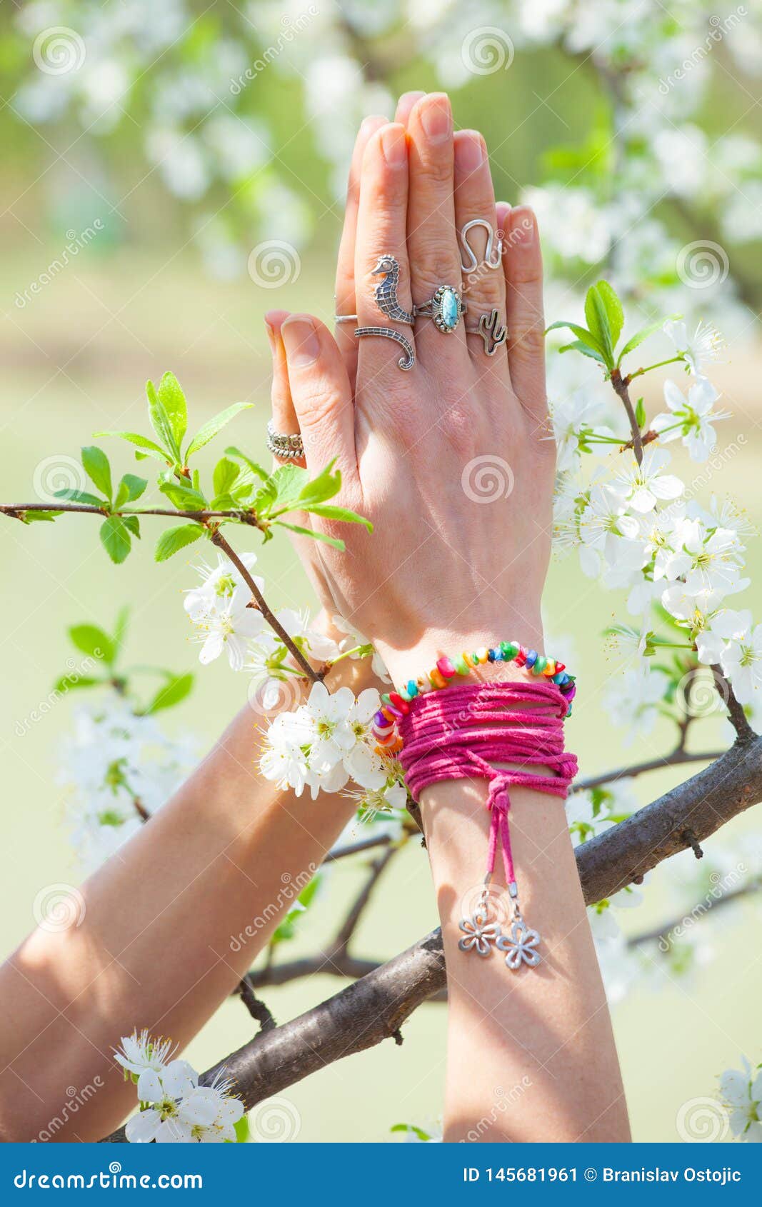 Close Up Woman Hand with Rings and Bracelets in Yoga Mudra Namaste ...