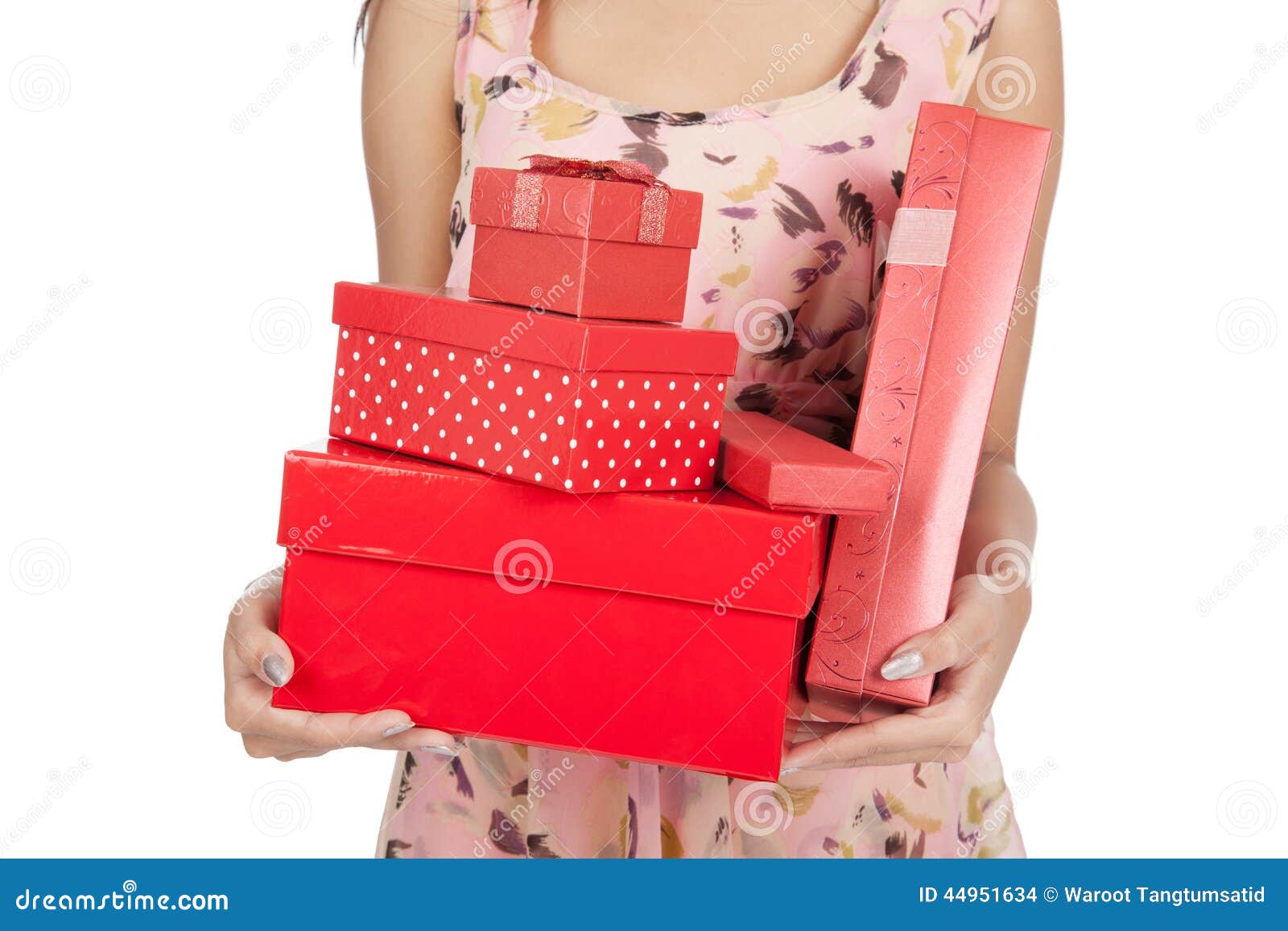 Close up woman hold many red gift boxs isolated on white background