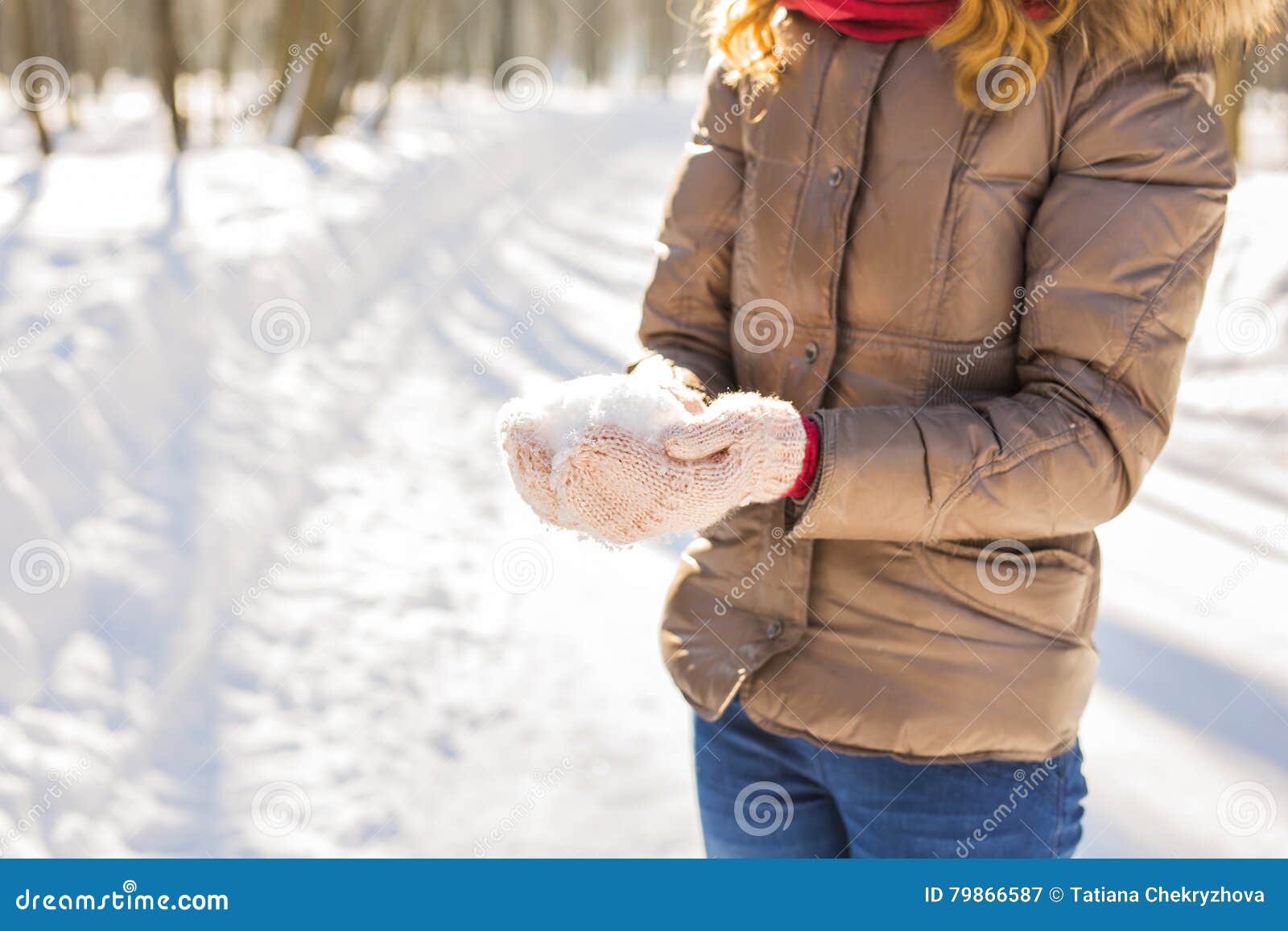 Close-up of Woman Holding Natural Soft White Snow in Her Hands To Make ...