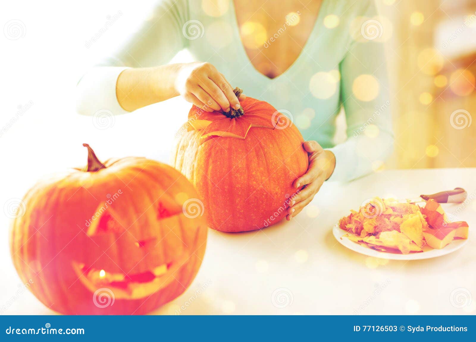 Close Up of Woman with Pumpkins at Home Stock Image - Image of funny ...