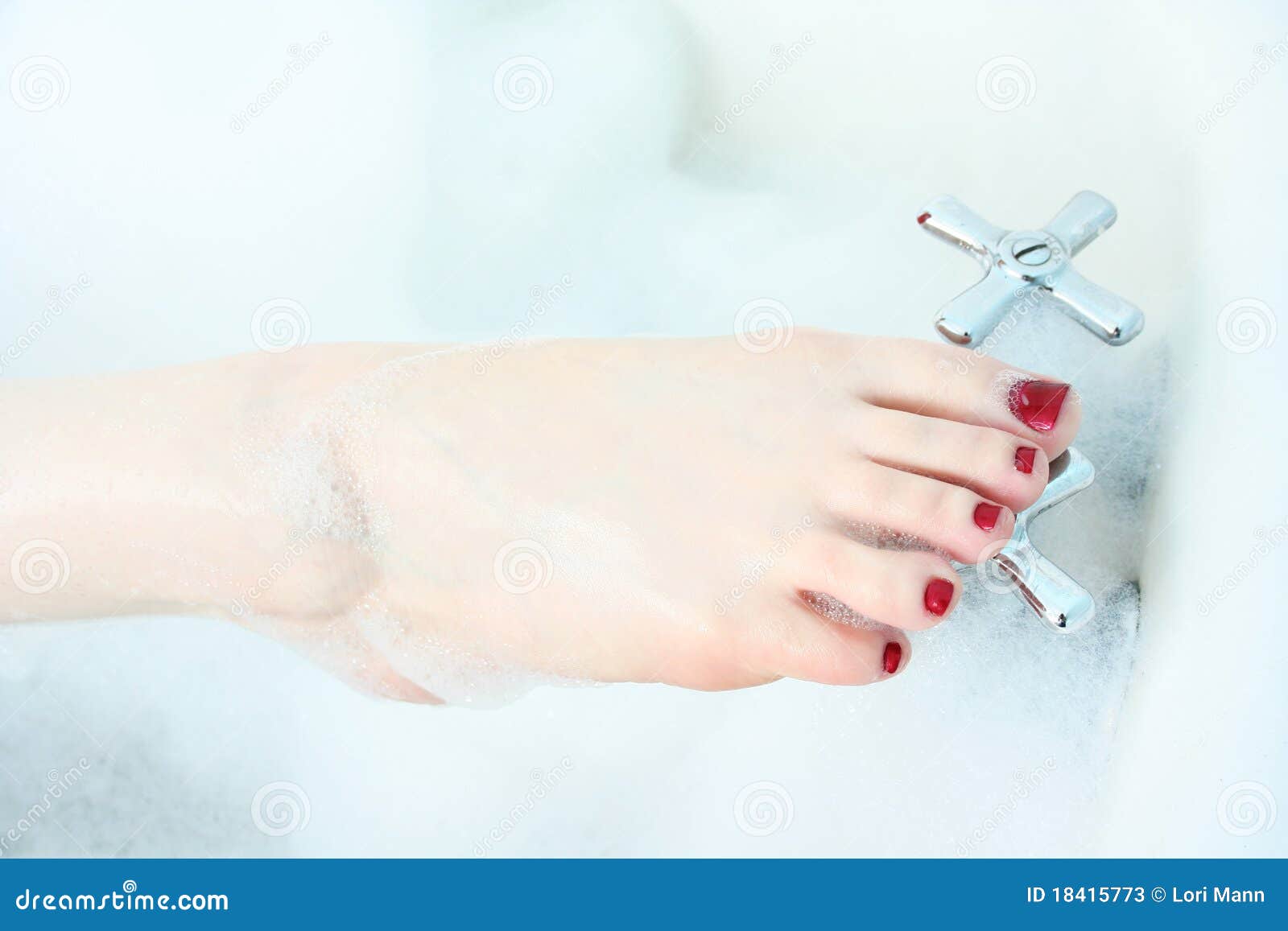 Close-up Of Woman S Foot In Bubble Bath. Stock Image - Image of toes