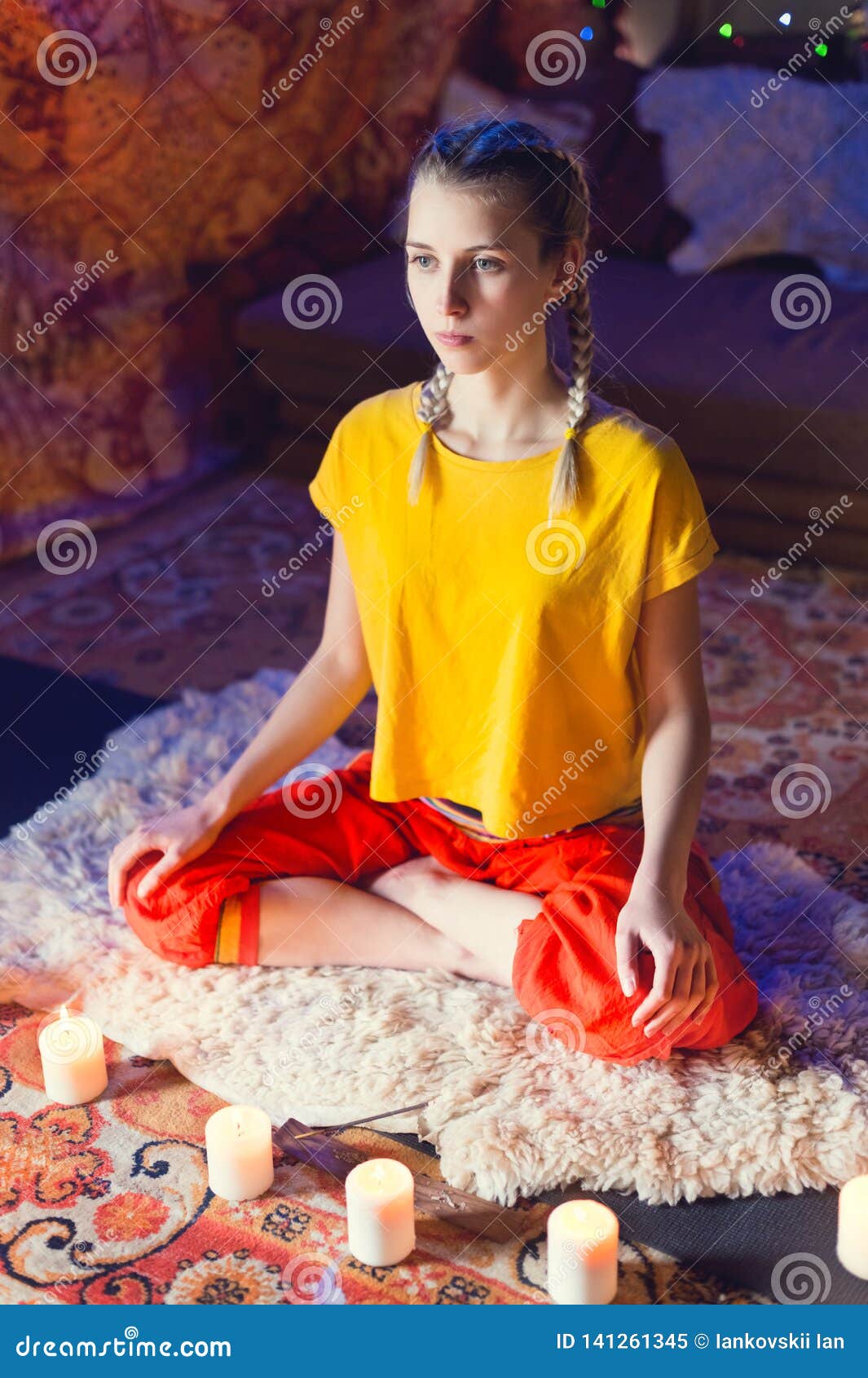 Close-up of Woman`s Hand in Yoga Lotus Pose Meditating in a Crafting ...