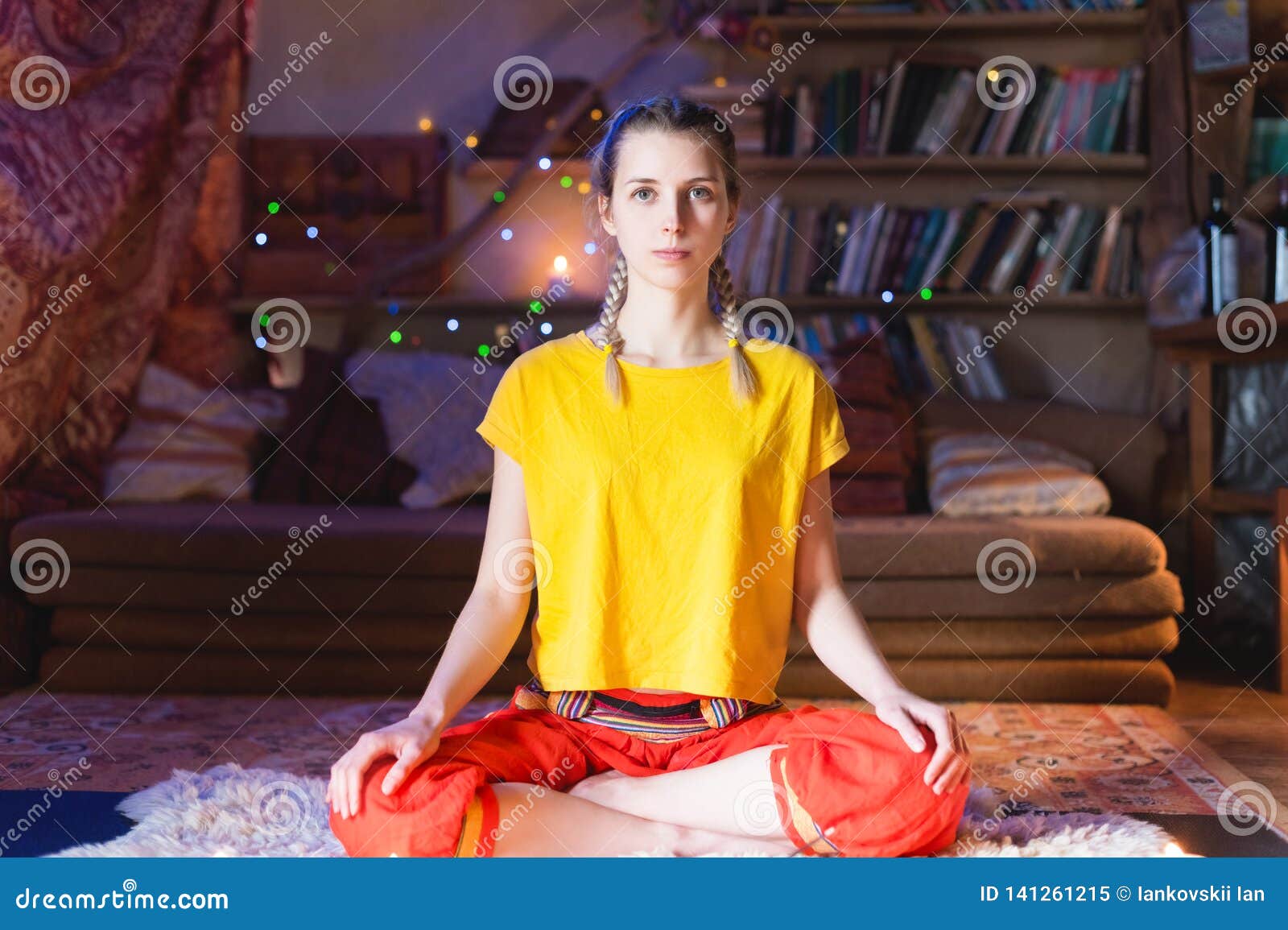 Close-up of Woman`s Hand in Yoga Lotus Pose Meditating in a Crafting ...