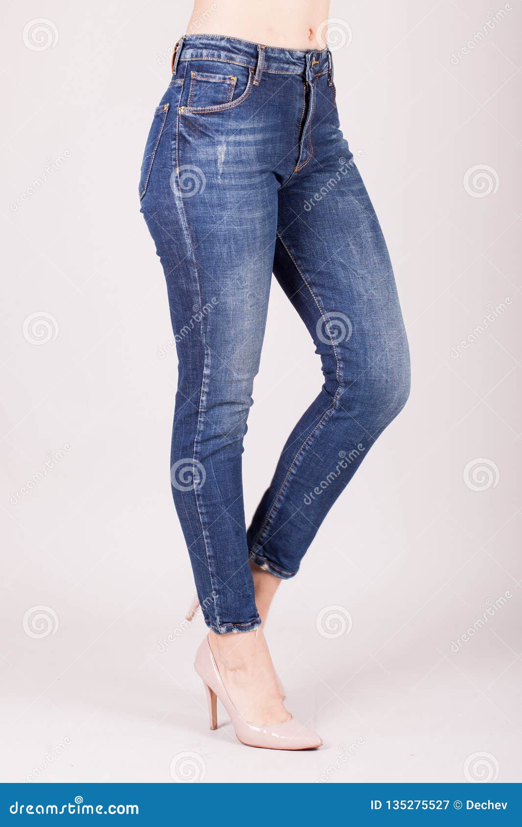 Close Up Of Woman Wearing Blue Jeans Fit Female In Blue Jeans Stock