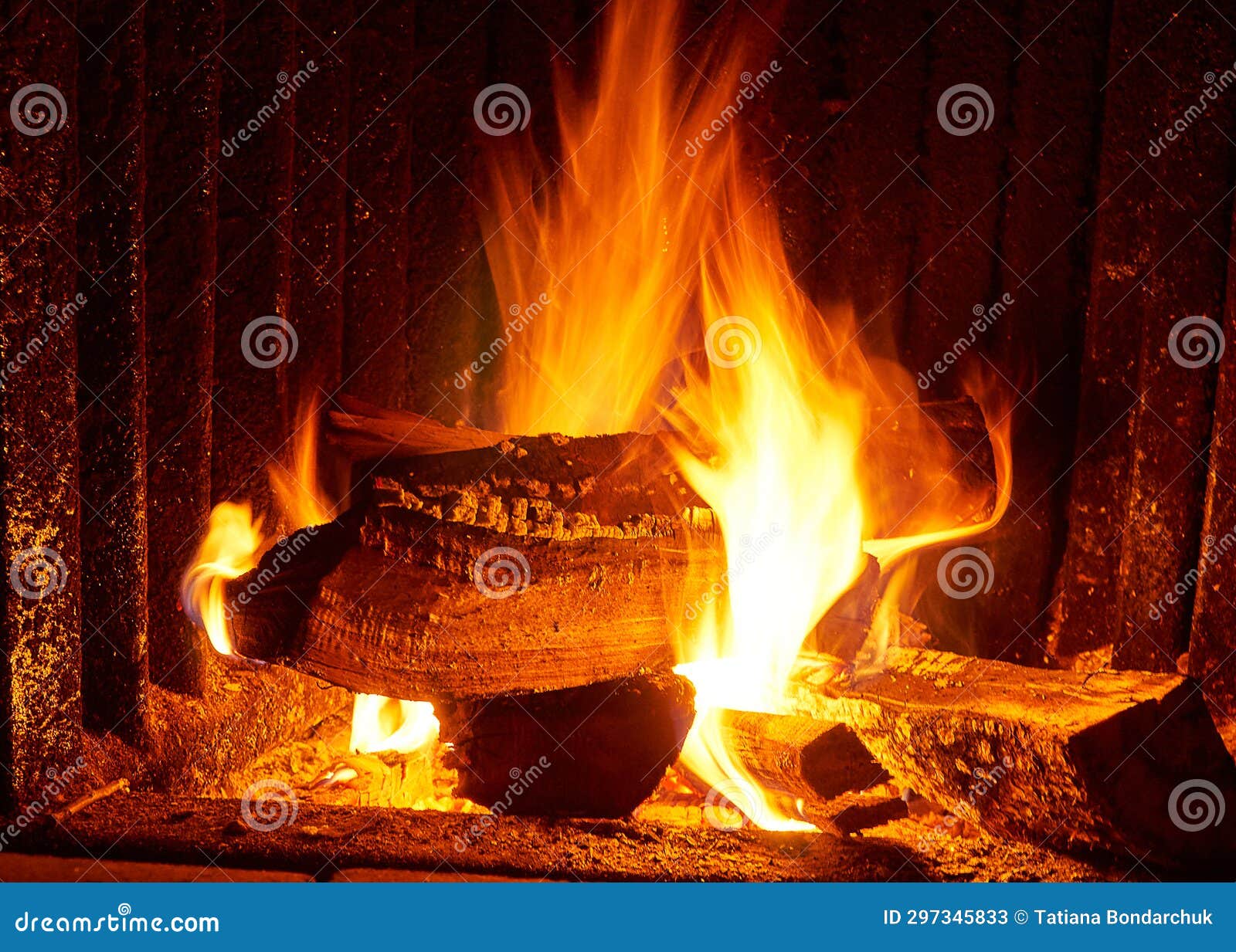 Closeup of Wood Burning in the Fireplace. Beautiful Flame Fire Stock
