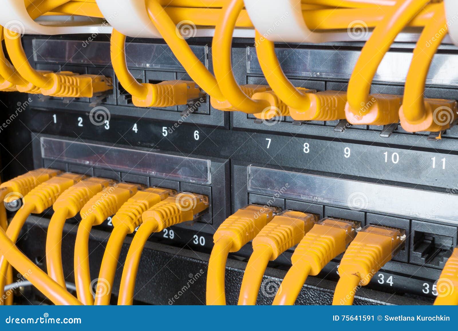 Close Up of Yellow Network Cables Connected To Switch Stock Image