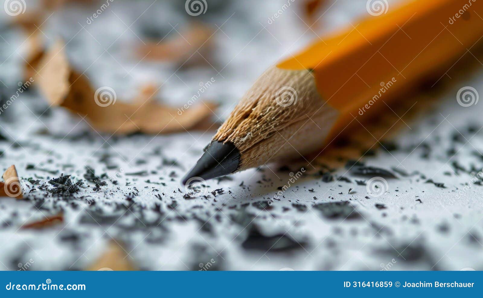 yellow pencil with eraser on white paper, scattered shavings and natural light