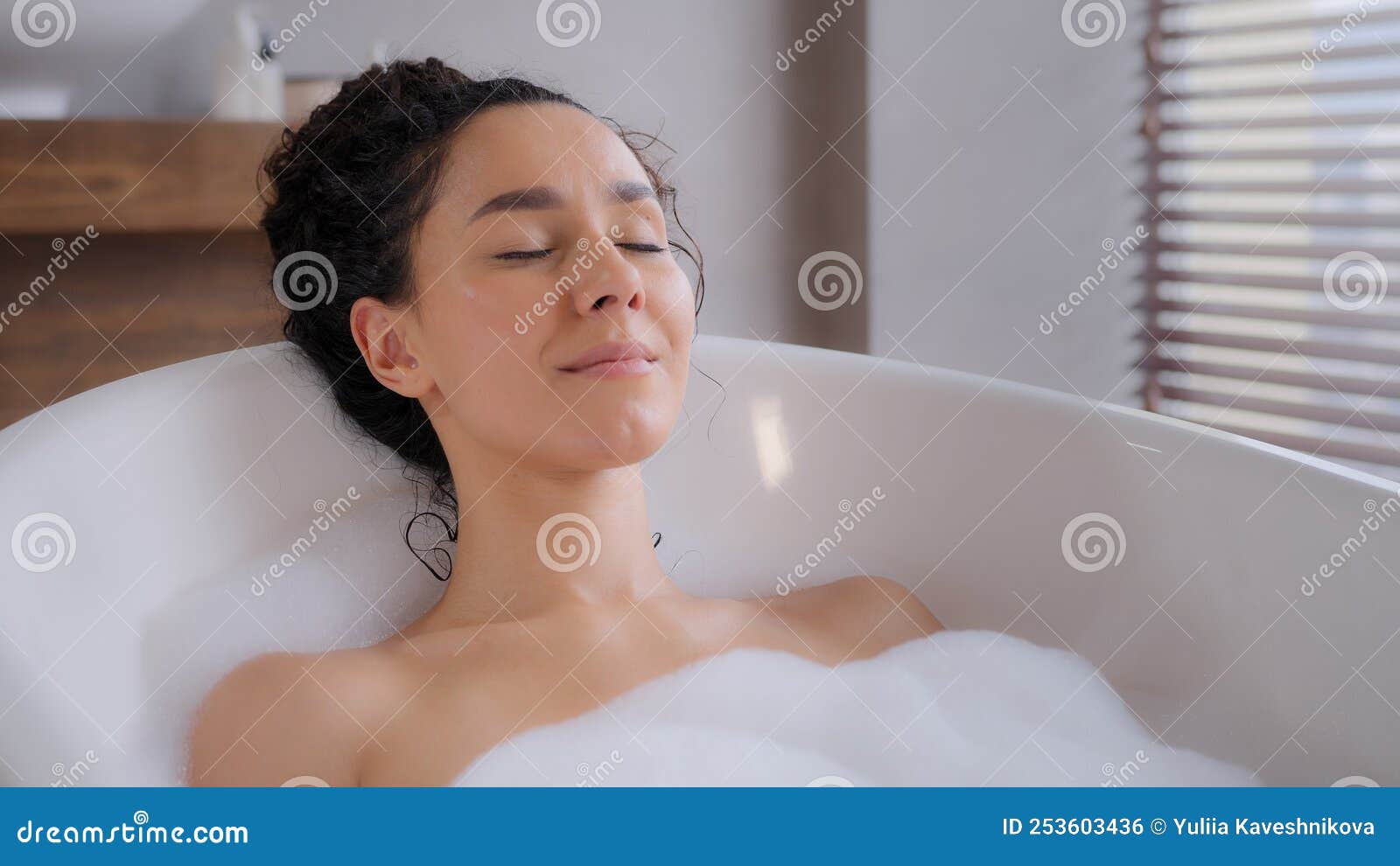 Close Up Young Attractive Relaxed Woman Lying In Hot Foam Bath With Eyes Closed Resting Relaxing 