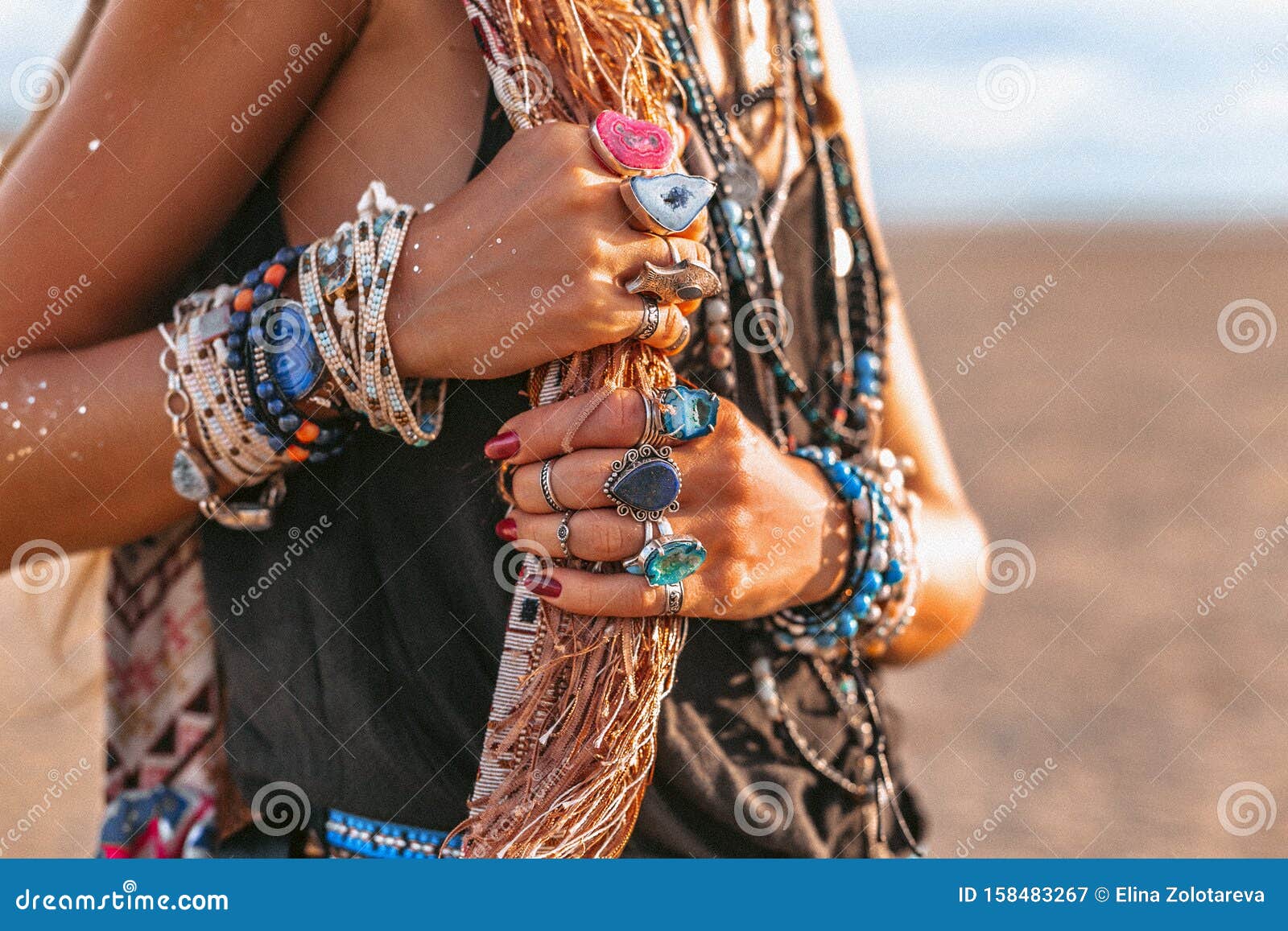 Close Up of Young Boho Style Woman Hands with Lots of Stock Image - of accessories: 158483267