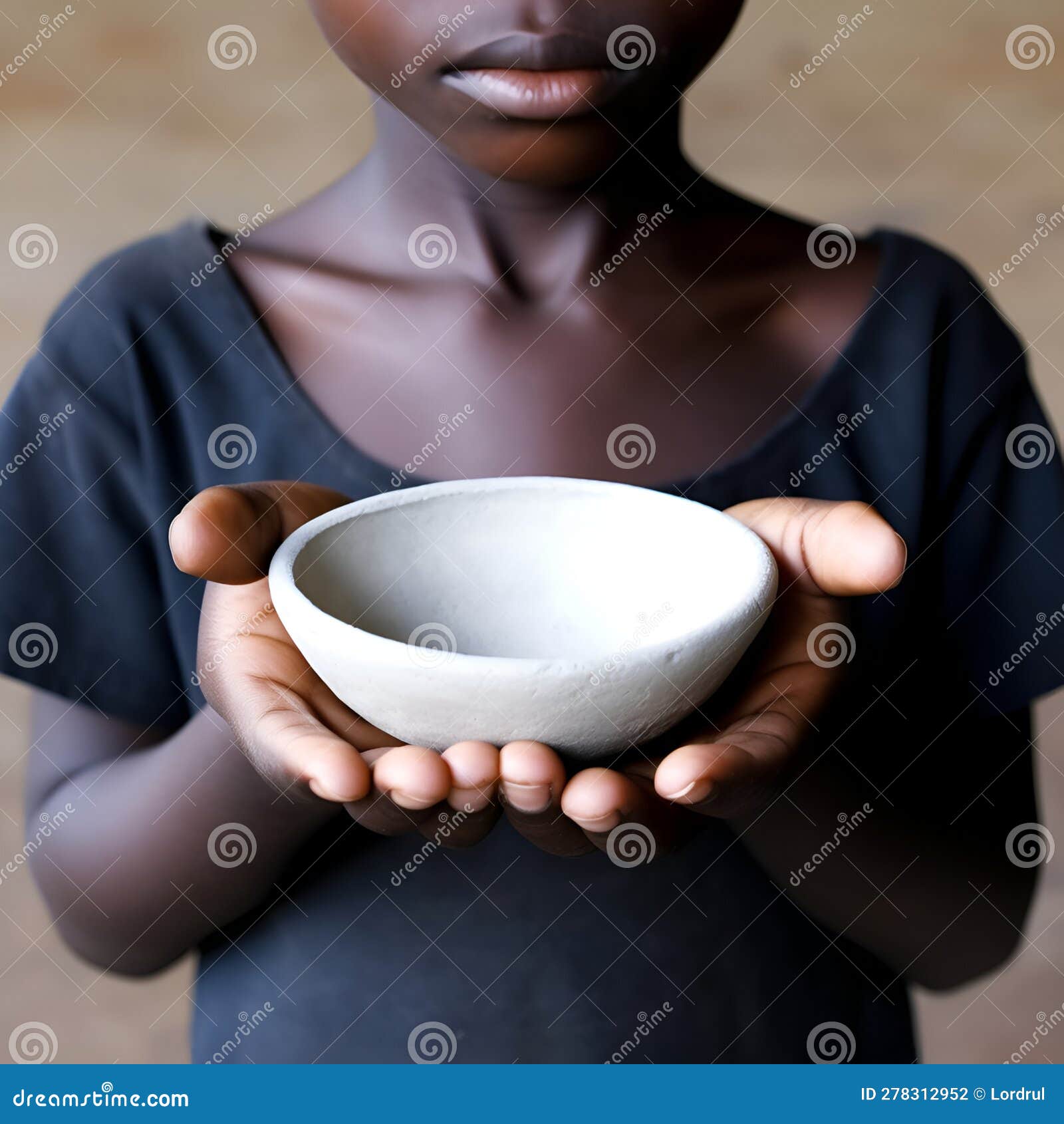 close-up of a young child holding a bowl in his hands. poverty
