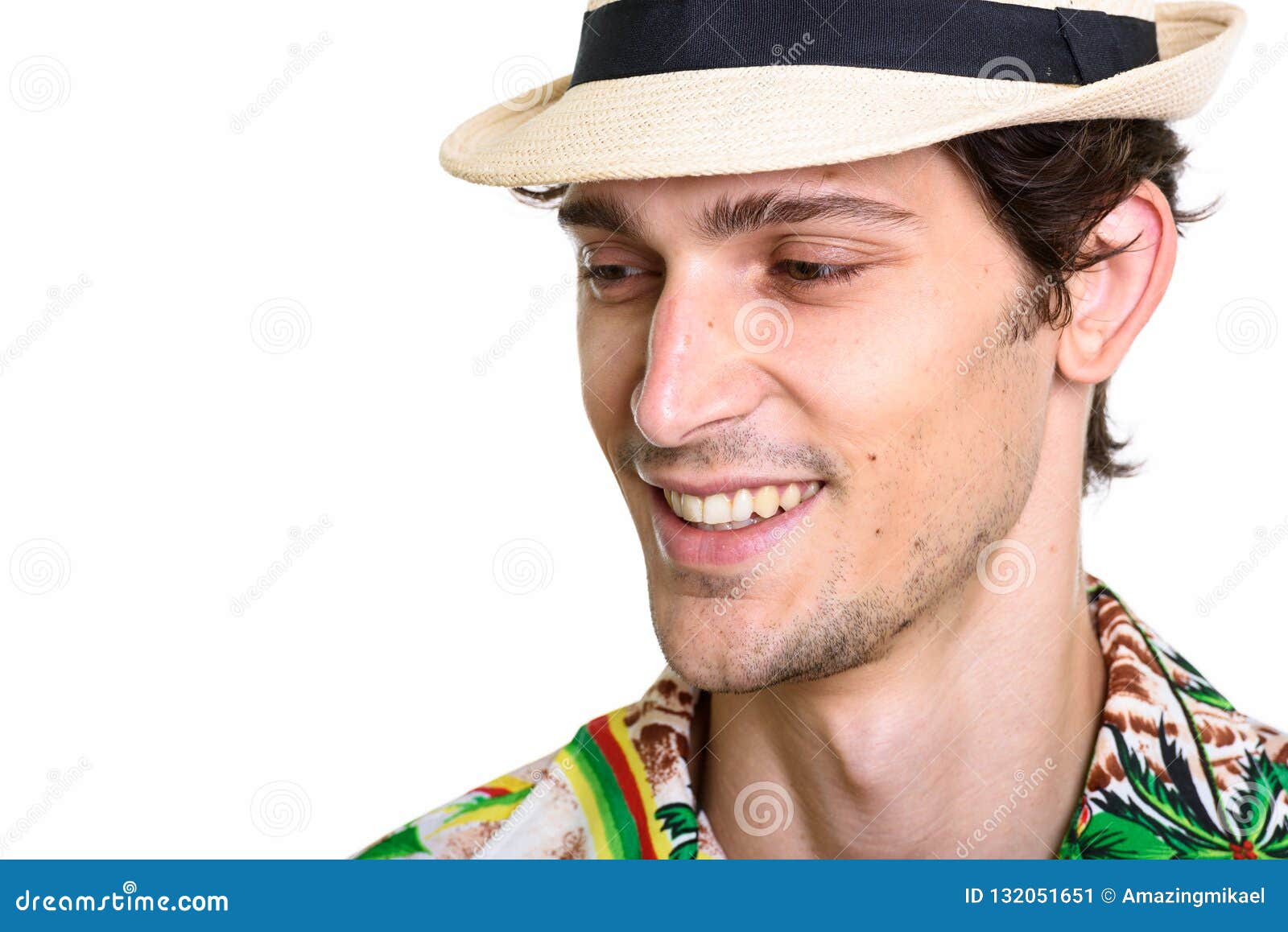 Close Up of Young Happy Man Smiling while Looking Down Stock Image ...