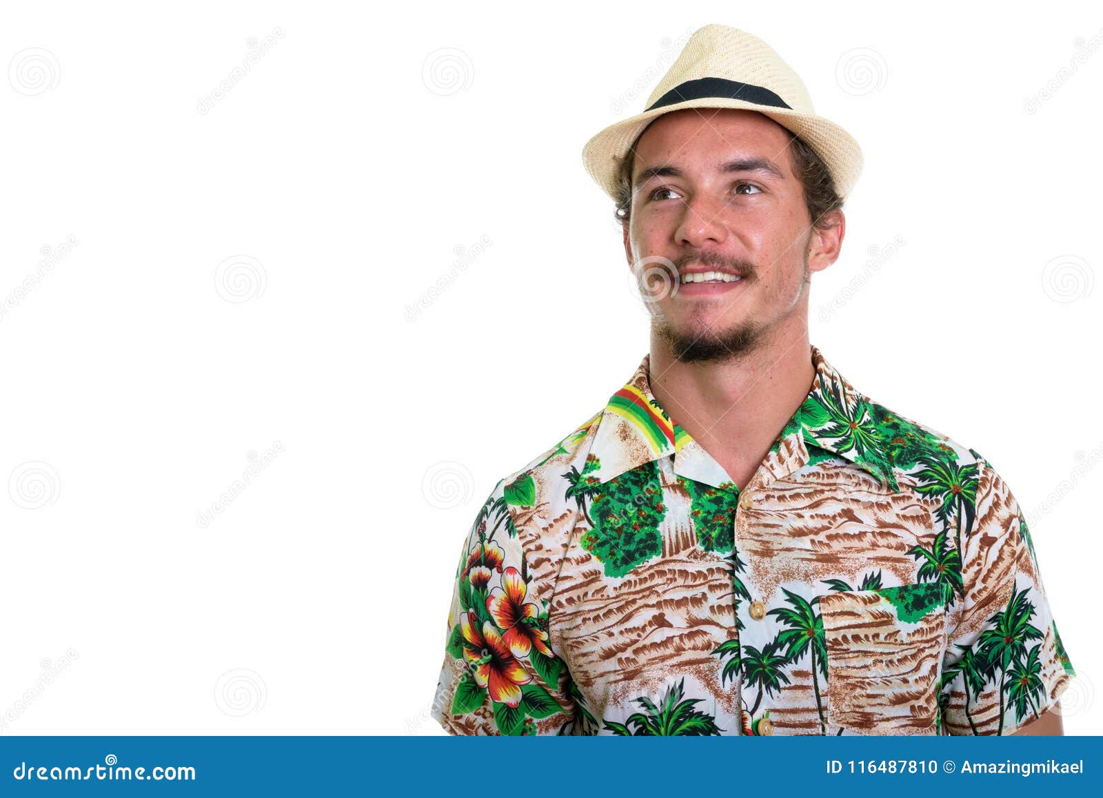 Close Up of Young Happy Tourist Man Smiling while Thinking Isola Stock ...