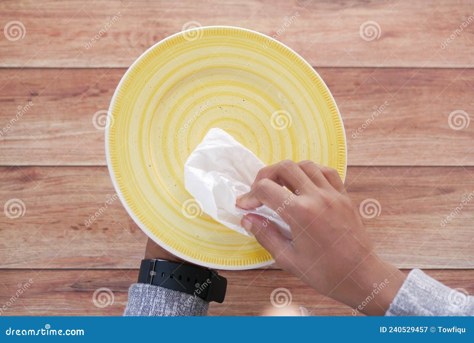 Close Up of Young Man Wiping Plate with a Cloth Stock Image Image of