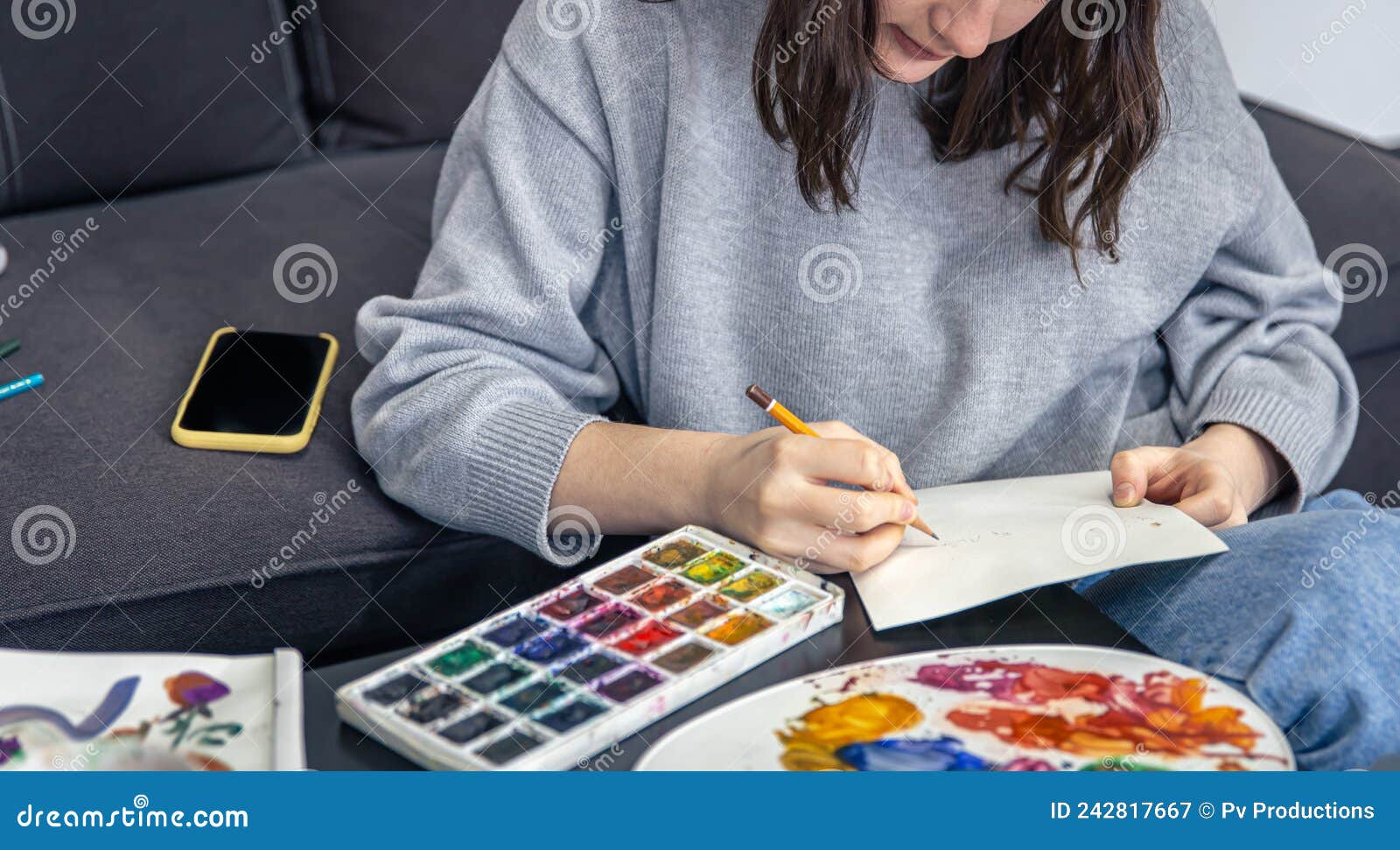 Close-up, a Young Woman Draws a Sketch with a Pencil. Stock Image ...