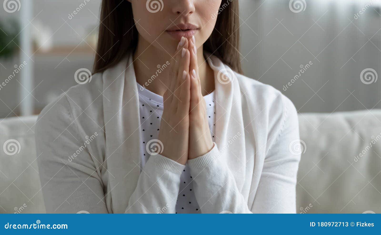Close Up Of Young Woman Praying At Home Stock Image Image Of Join 
