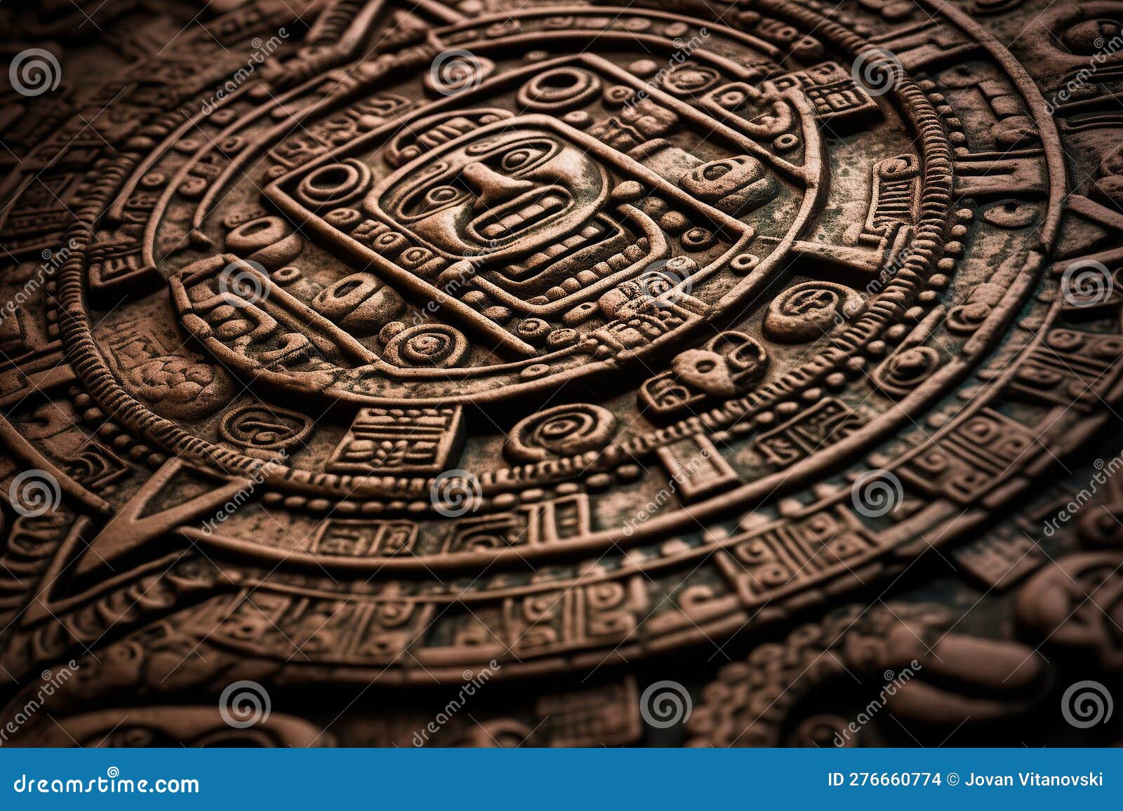 Close View of the Ancient Aztec Mayan Calendar with Round Pattern and