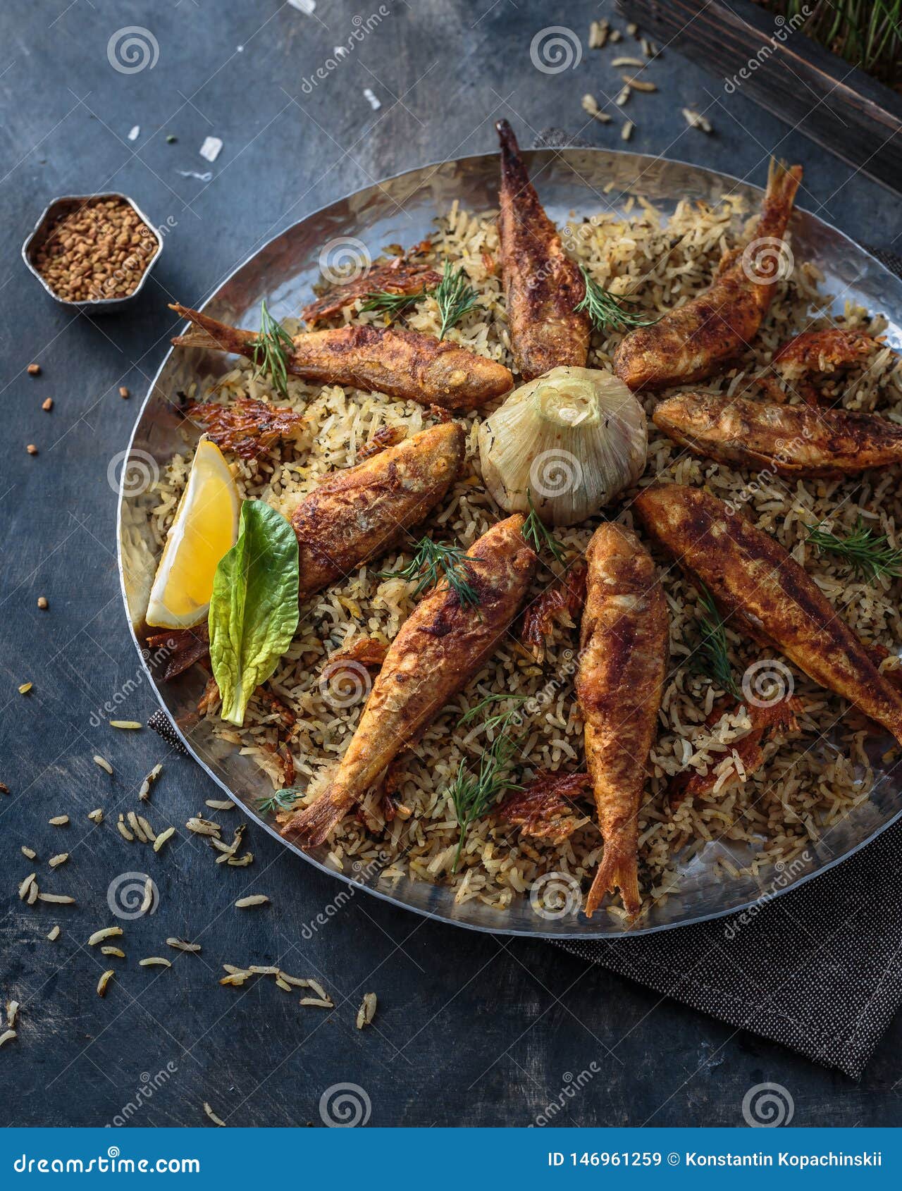 Close View Herbed Persian Rice and Panfried Fish Stock Image Image