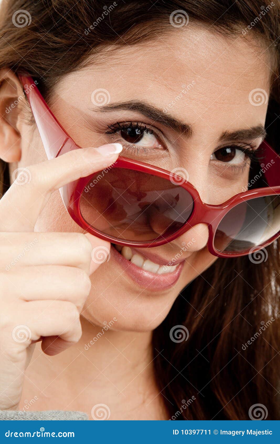 Close View of Smiling Model Holding Sunglasses Stock Image Image of