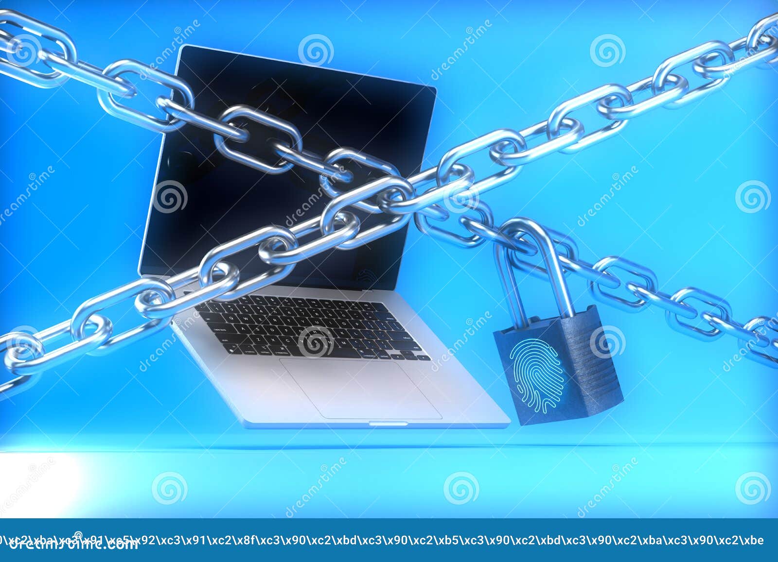 closed access to information. laptop and steel chains with padlock on which the handglass of the finger. 3d render