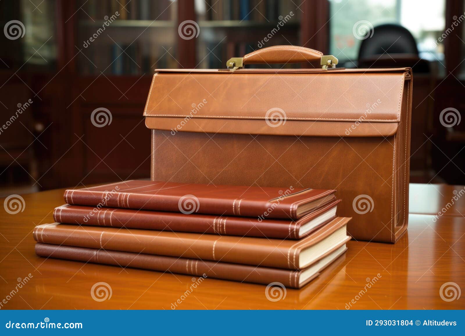 Closed Brown Leather Briefcase Next To Stack of Legal Papers Stock