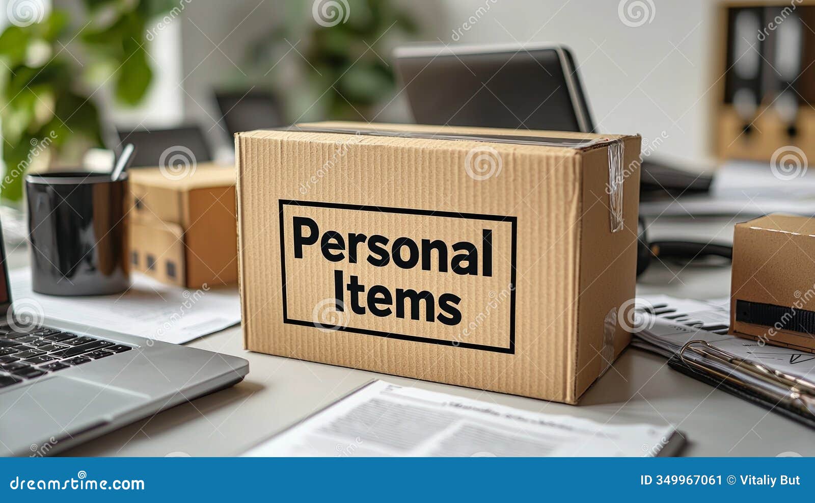 closed cardboard box labeled personal items sits prominently on desk filled office supplies izing end of job and