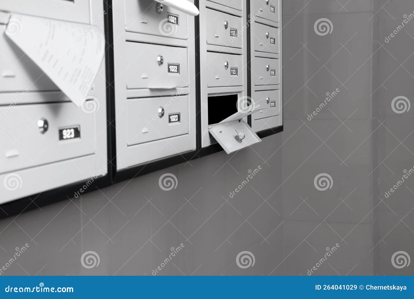 Closed Grey Metal Mailboxes with Receipts Indoors Stock Image Image