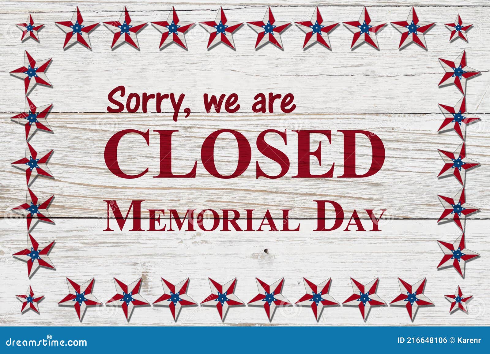 Closed Memorial Day Sign with USA Flag Stars Stock Photo Image of