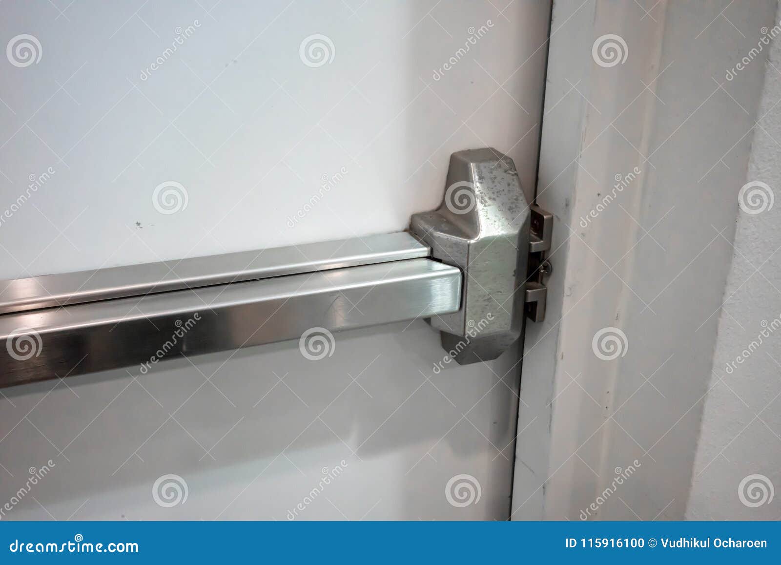 Closed Up Latch And Door Handle Of Emergency Exit Push Bar And