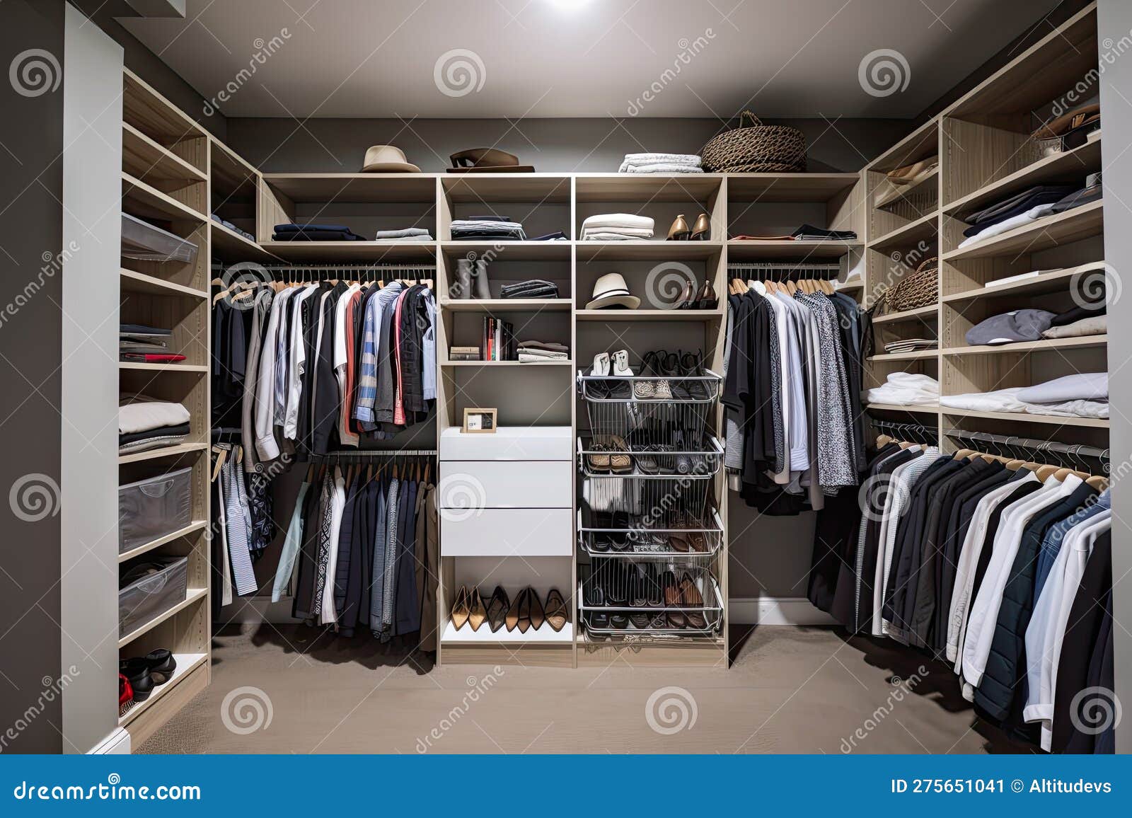 Closet with Builtin Shelving, Bins, and Hanging Rods for Maximum