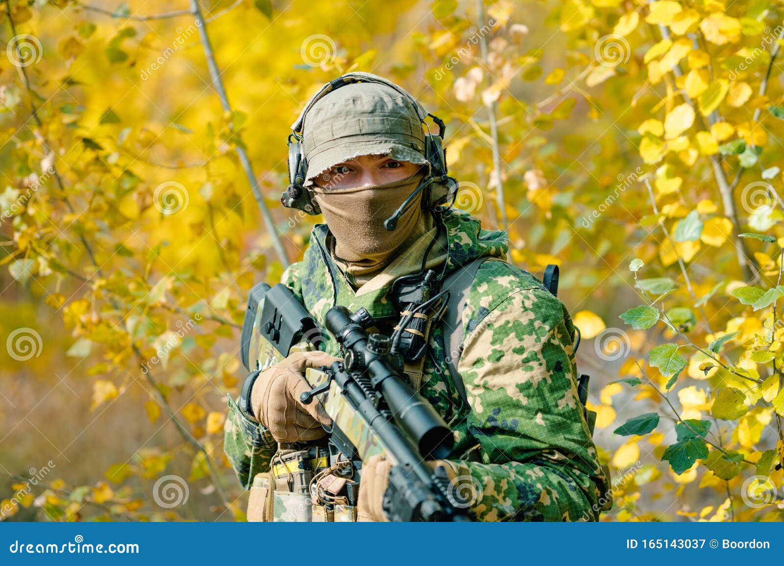 Closeup Airsoft Man in Uniform, Stand and Hold Sniper Rifle on Yellow  Forest Backdrop Stock Image - Image of target, aimer: 165143037