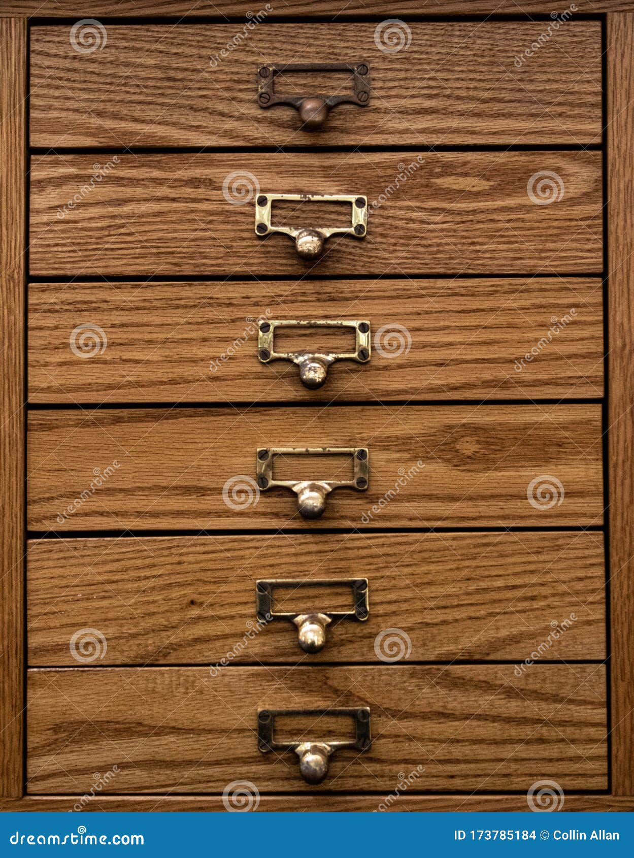 Closeup Of Antique Wooden Pharmacist Desk Drawers Stock Photo