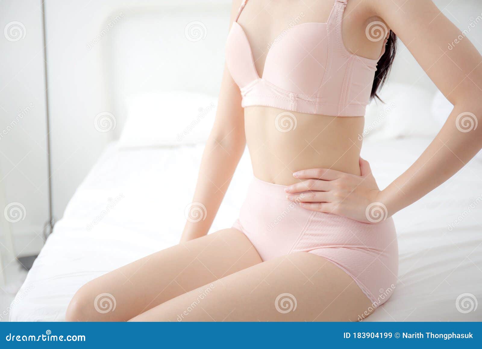 Closeup Beautiful Asian Woman Wear Underwear Body Belly Slim Shape with  Diet at Room Stock Image - Image of hand, belly: 183904199