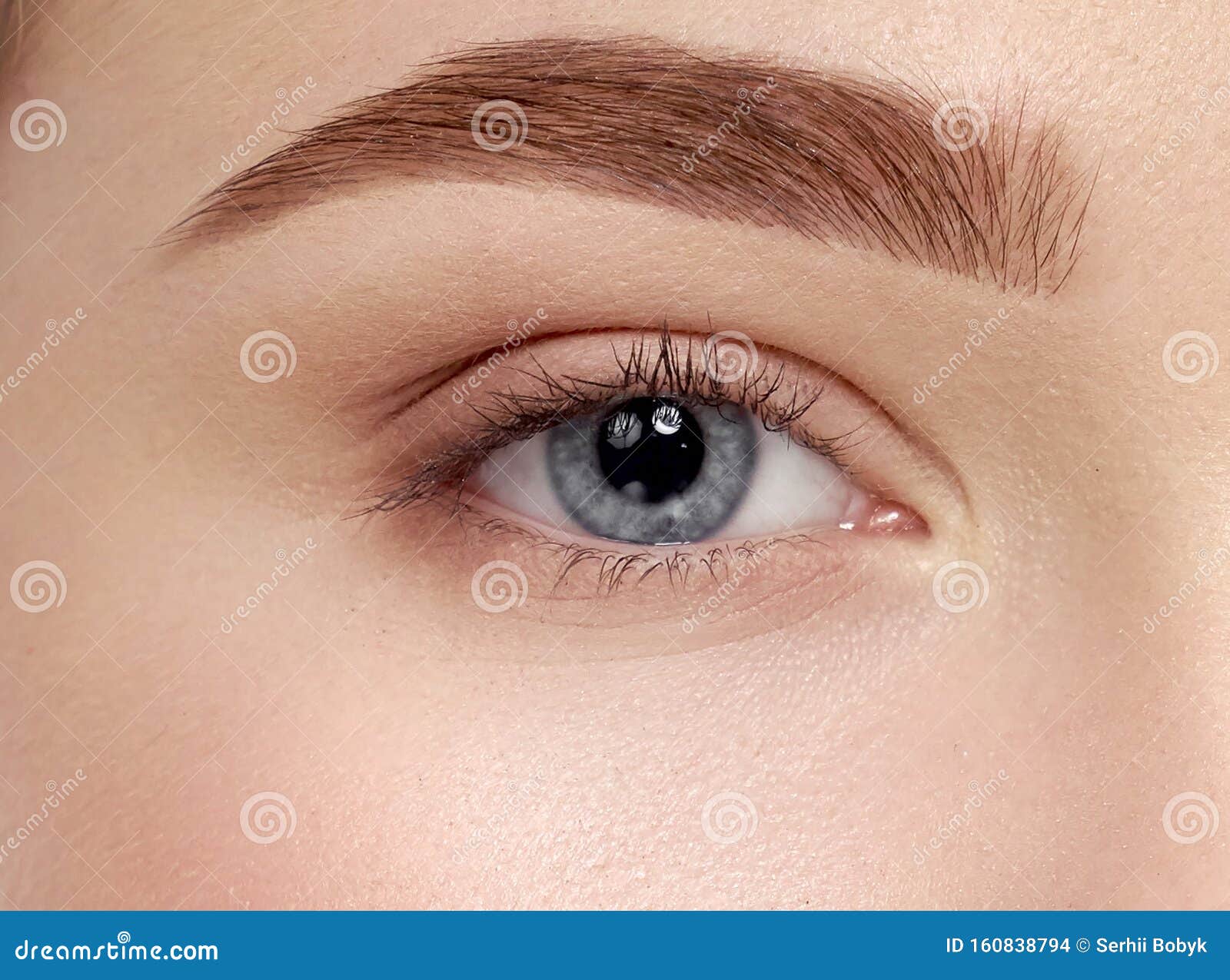 closeup of beautiful female blue eyes with long eyelashes