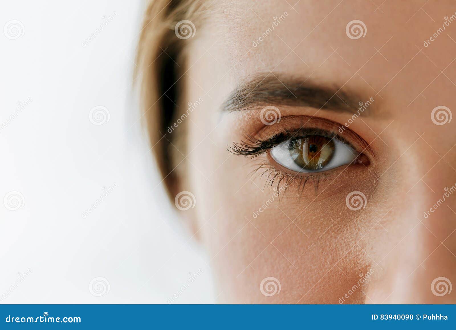 closeup of beautiful girl eye and eyebrow with natural makeup