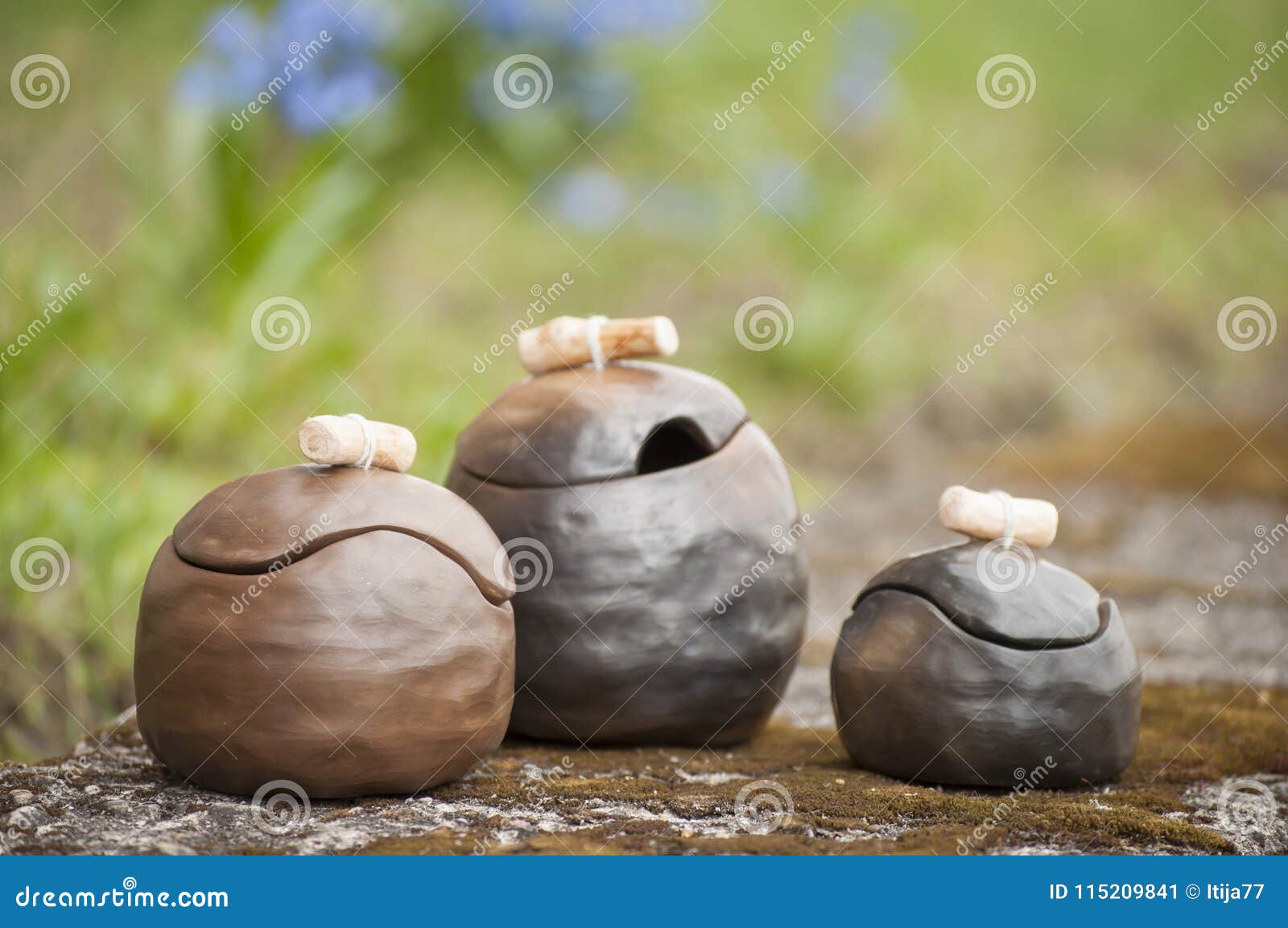 closeup of beautiful unique handmade three pots