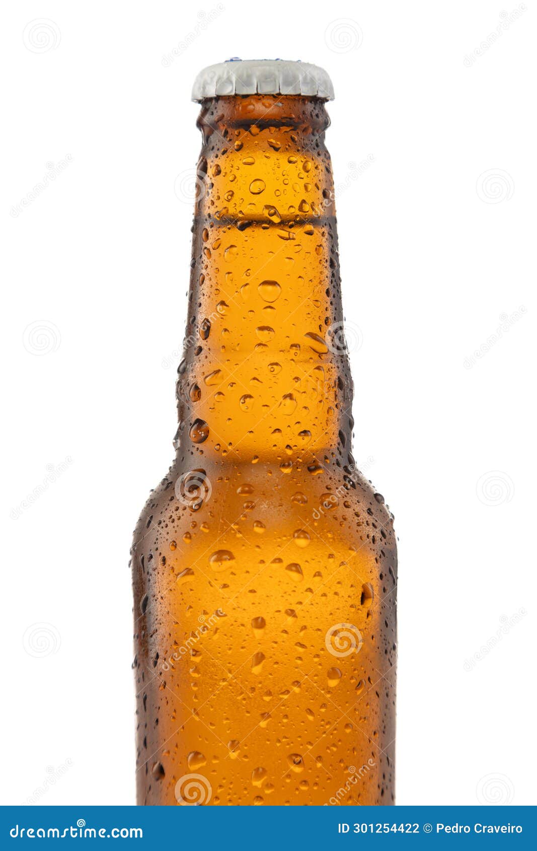 Closeup Beer Bottle with Water Drops Isolated on White Stock Photo