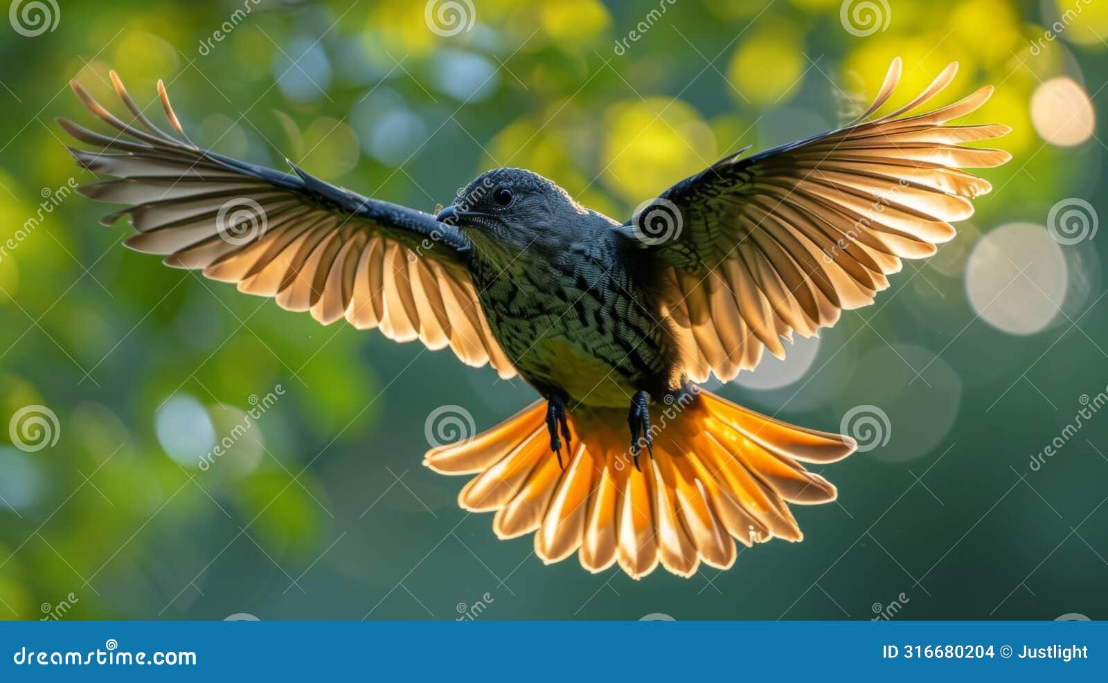 closeup of a birds wings in midflight caught in a blur of feathers as it moves through the dense tree canopy