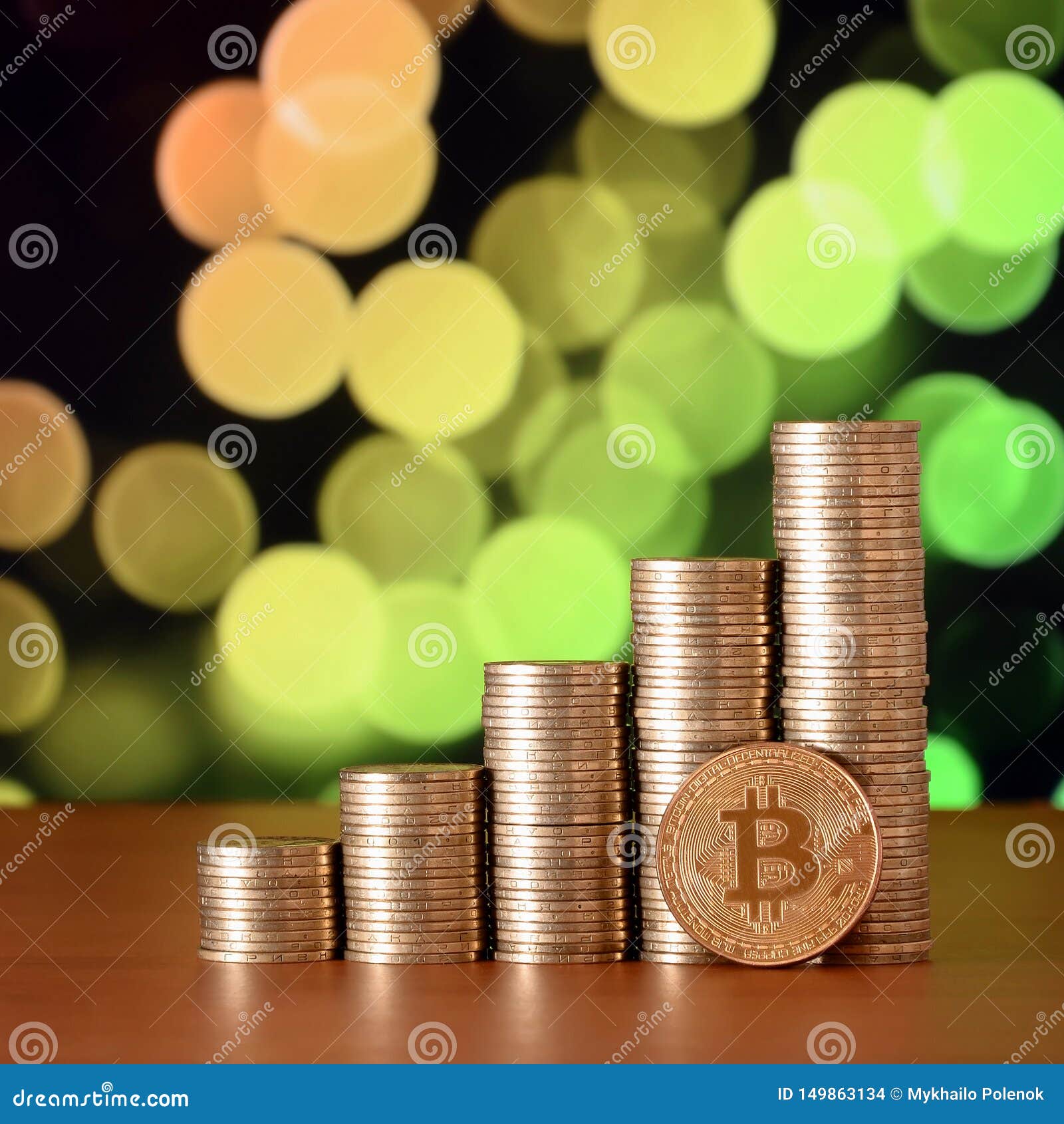 Closeup Of Bitcoin Digital Currency And Coin Money Stacks ...