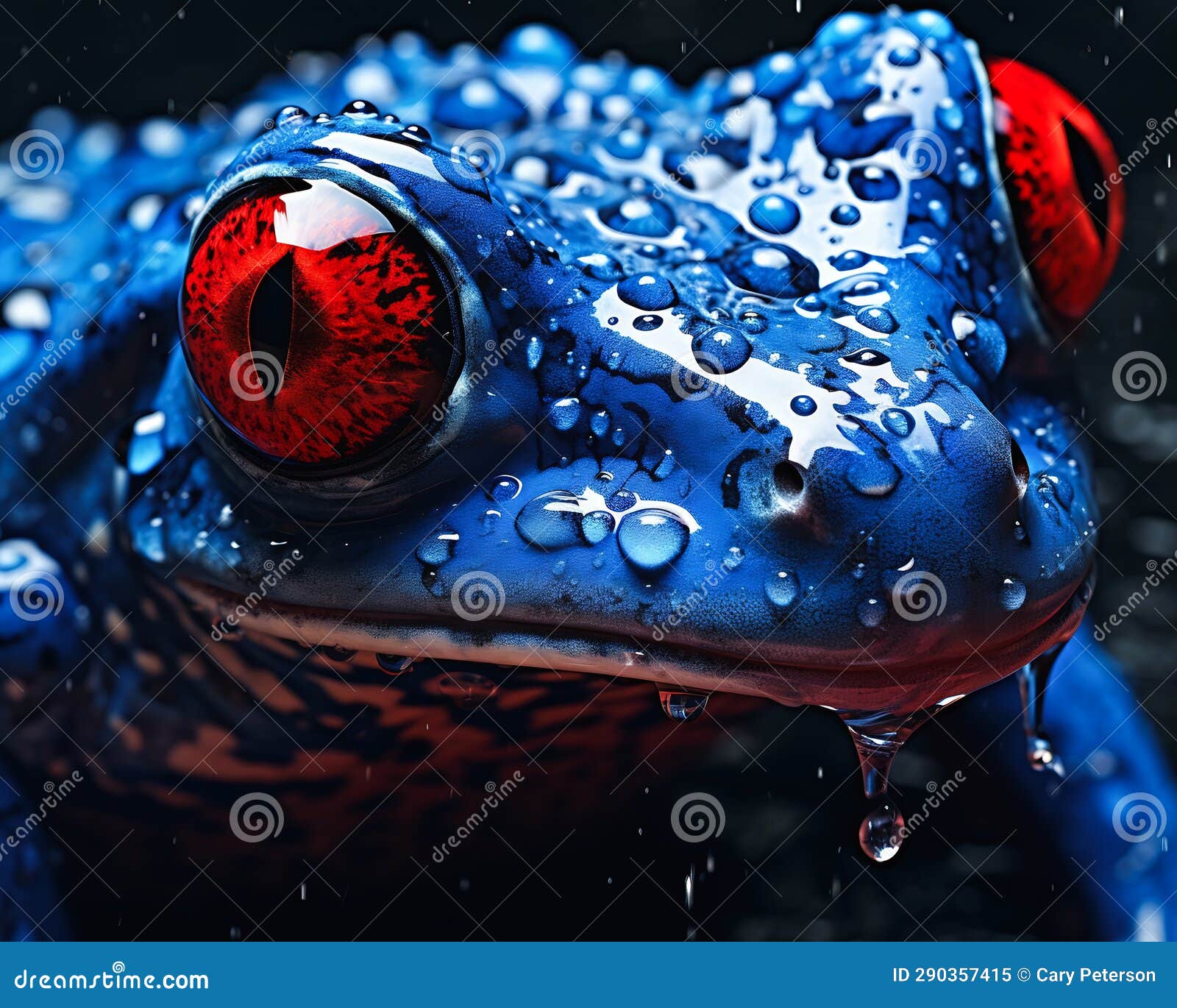 closeup of a blue frog with red eyes and deep droplets of jungle