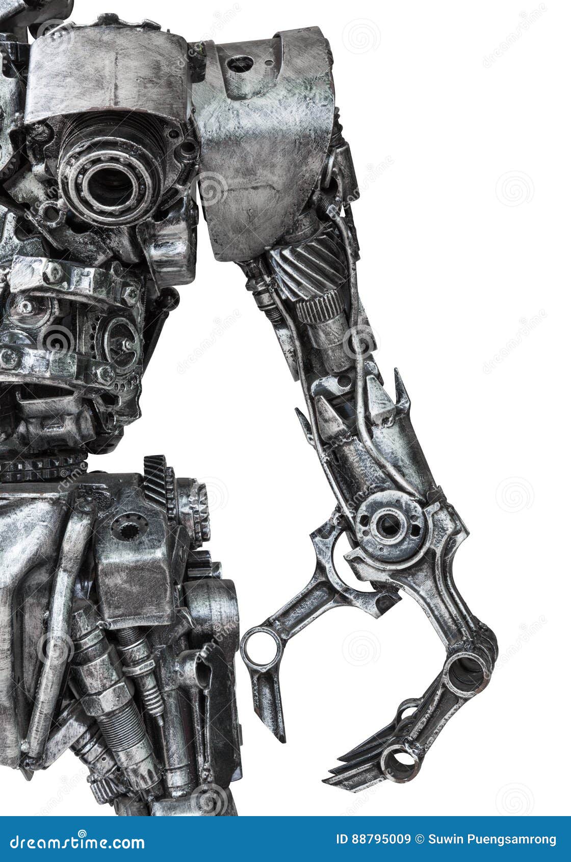 Closeup Body Of Metallic Robot Made From Auto Parts With Machine Stock