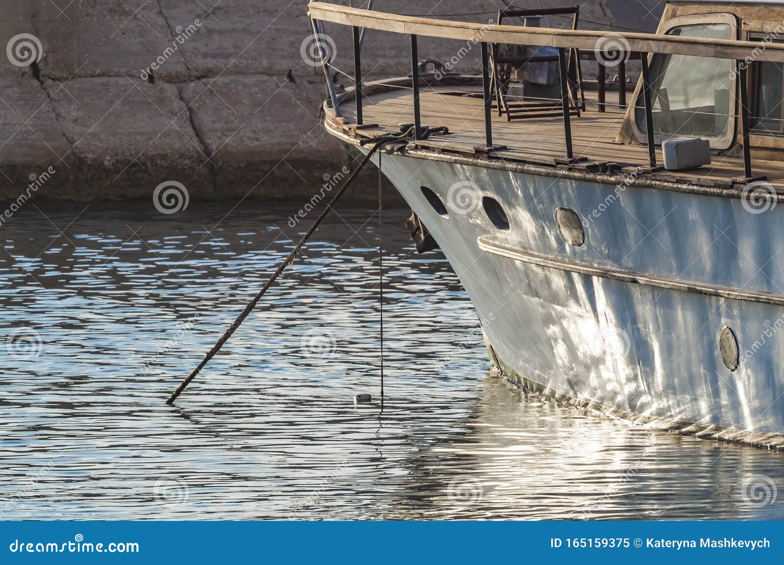 Closeup of Bow of Old Vintage Wooden Boat or Yacht Anchored in a Bay or  Marina. Sun Glare on the Side of the Ship. Stock Image - Image of  coastline, port: 165159375