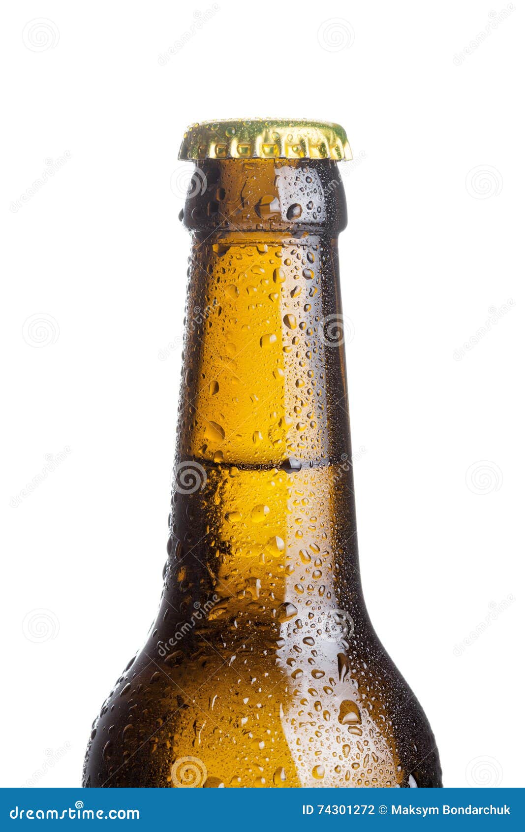 Closeup Of Brown Beer Bottle With Drops Isolated On White Stock Photo