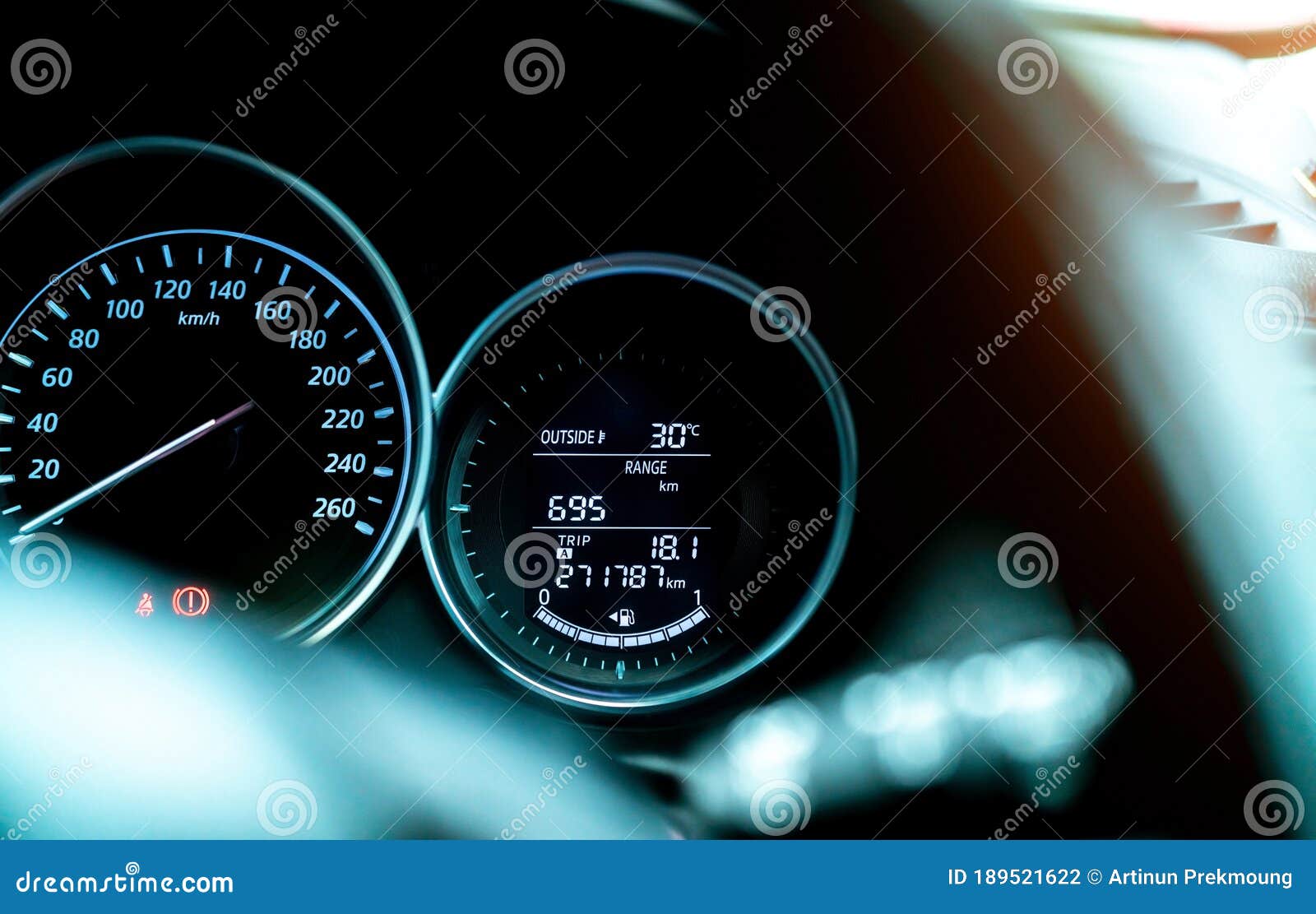 Closeup Car Fuel Gauge Dashboard Panel. Gasoline Indicator Meter And