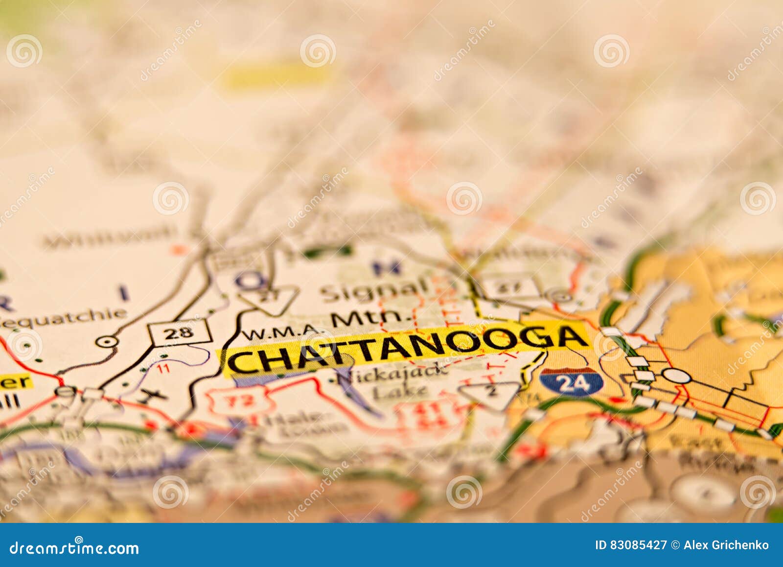 closeup of chattanooga on a geographical map.