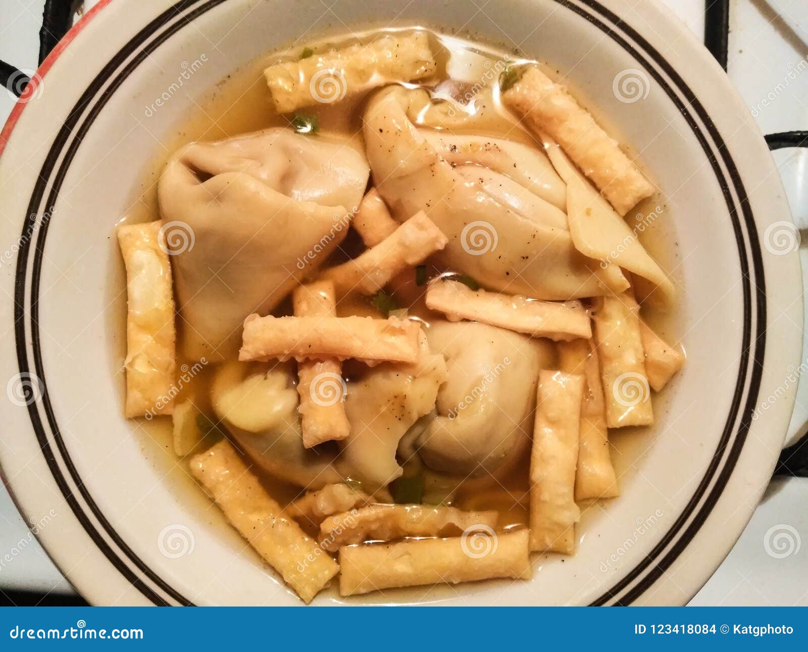 Closeup Of Chinese Wonton Soup With Crispy Noodles Bowl Stock Photo Image Of Crispy Soup