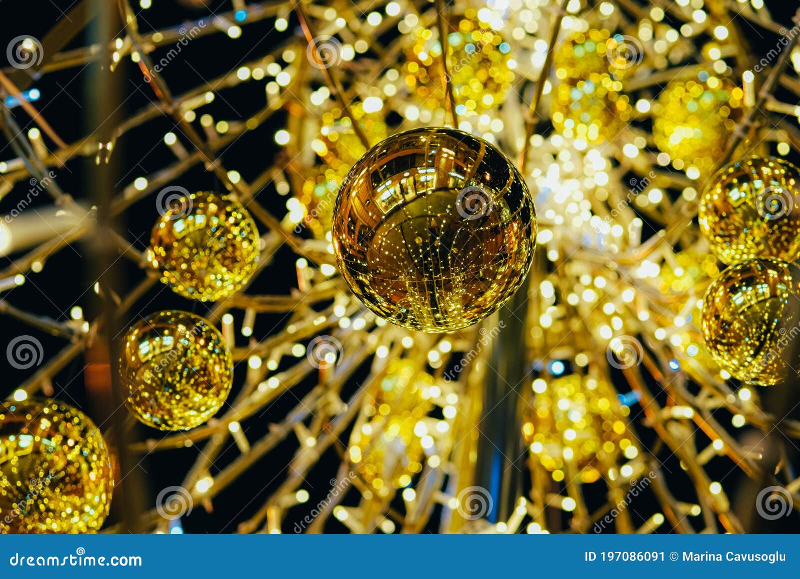 Closeup of Christmas Tree Boubles and Fairy Lights Stock Image - Image ...